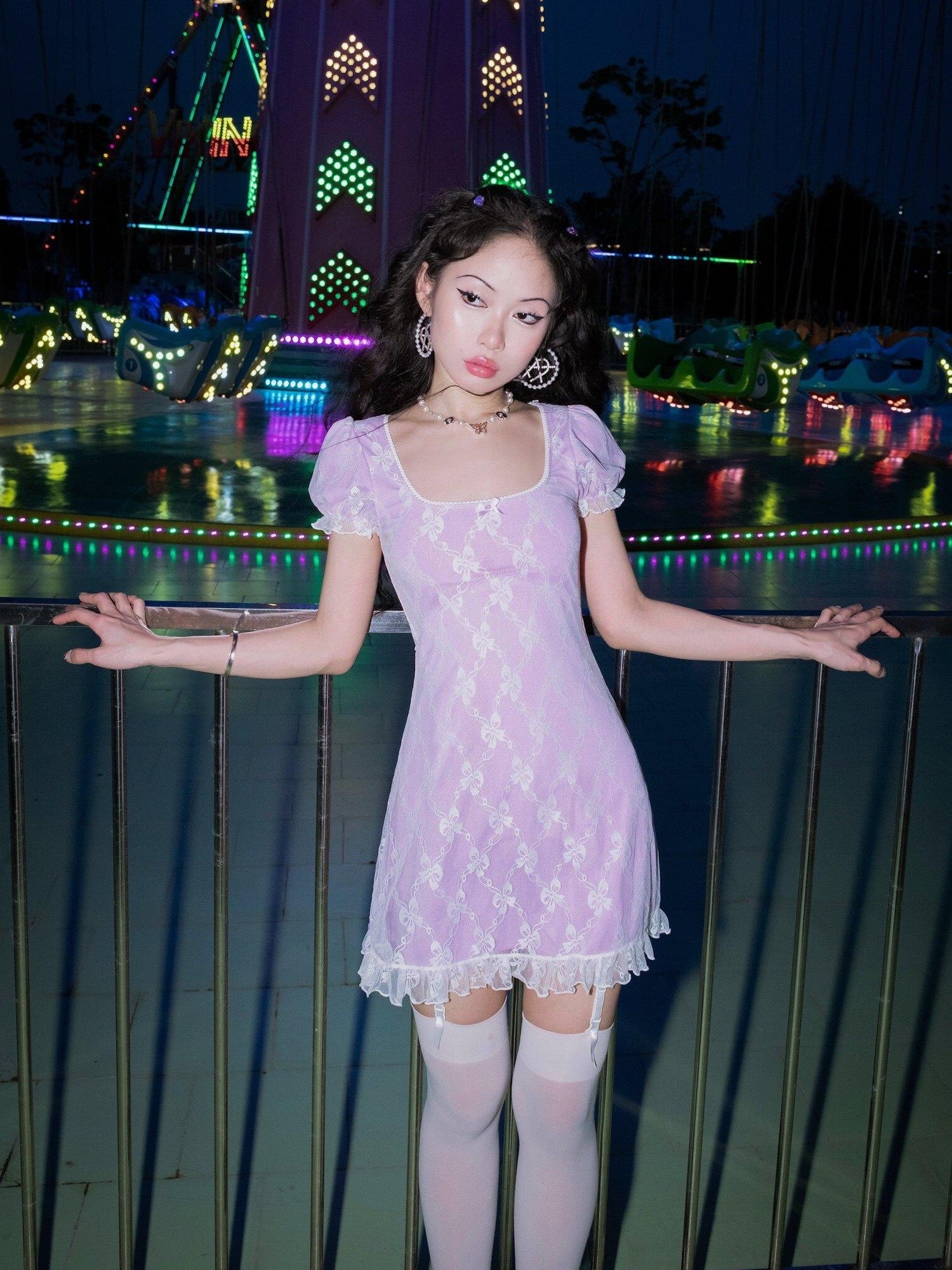 SCCREBEL Lilac Puff Sleeve U Neck Lace Women's Spandex Casual Midi Dresses