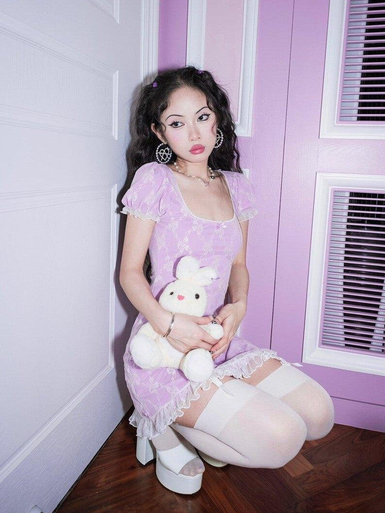 SCCREBEL Lilac Puff Sleeve U Neck Lace Women's Spandex Casual Midi Dresses