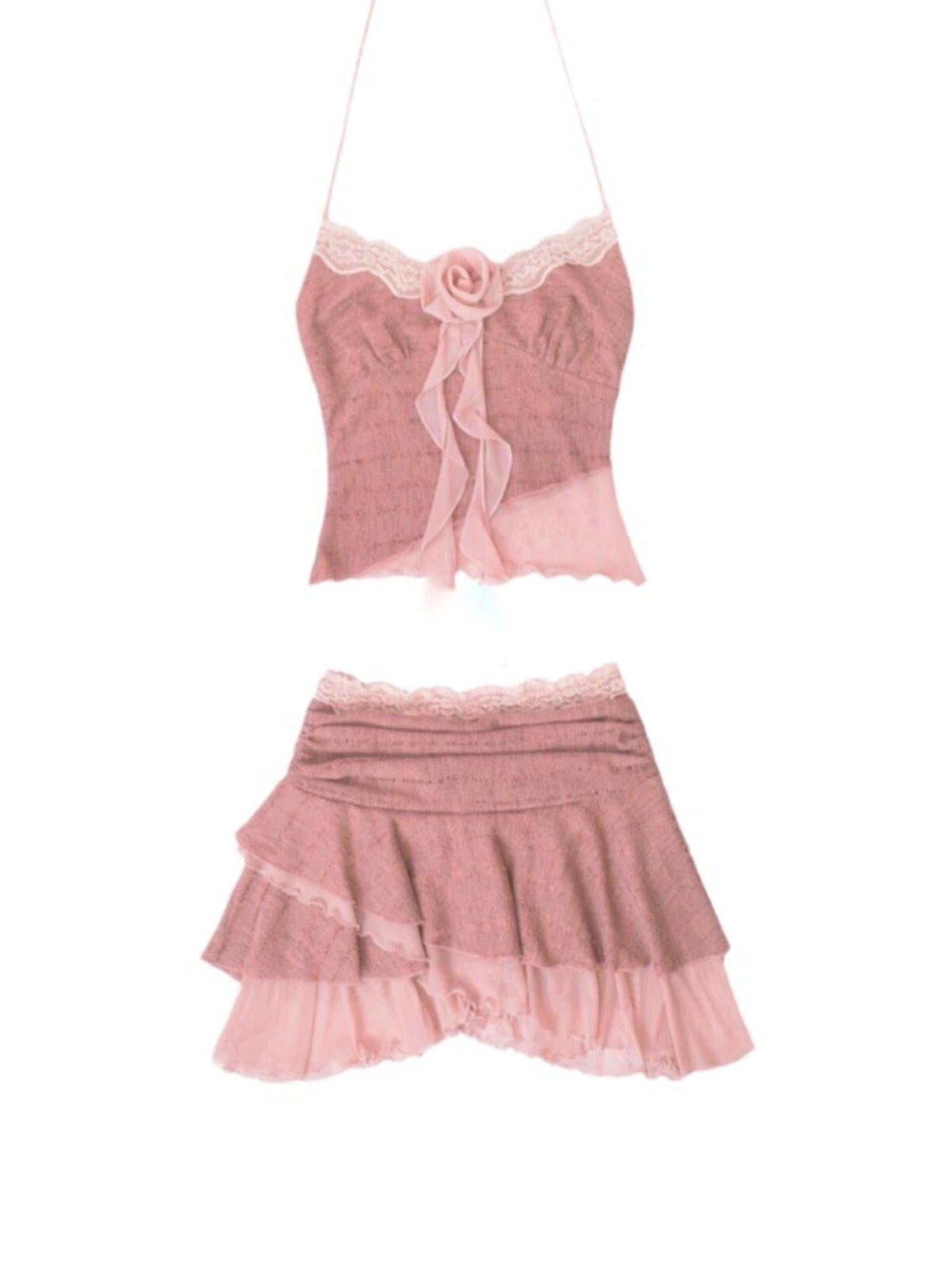 SCCREBEL Lotus Pink Handmade Rose Hollow Knit Ballet Women's Polyester Camisoles