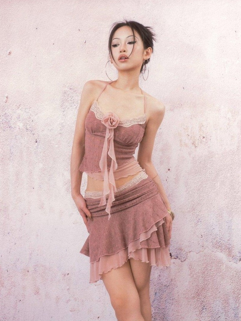 SCCREBEL Lotus Pink Handmade Rose Hollow Knit Ballet Women's Polyester Camisoles