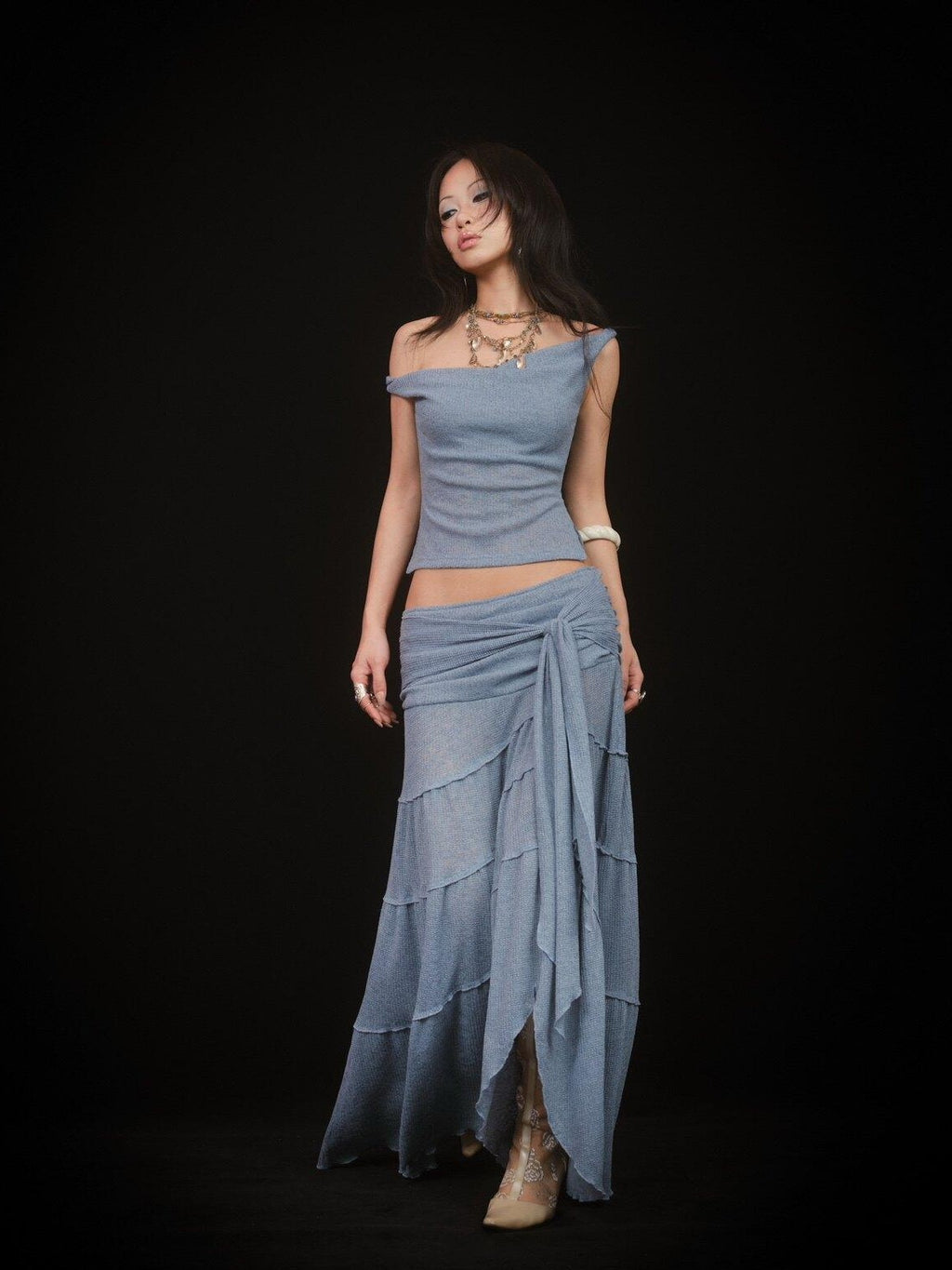 SCCREBEL Mist Blue Hippie Asymmetrical Tiered Ruffle Women's Matching Skirt Sets
