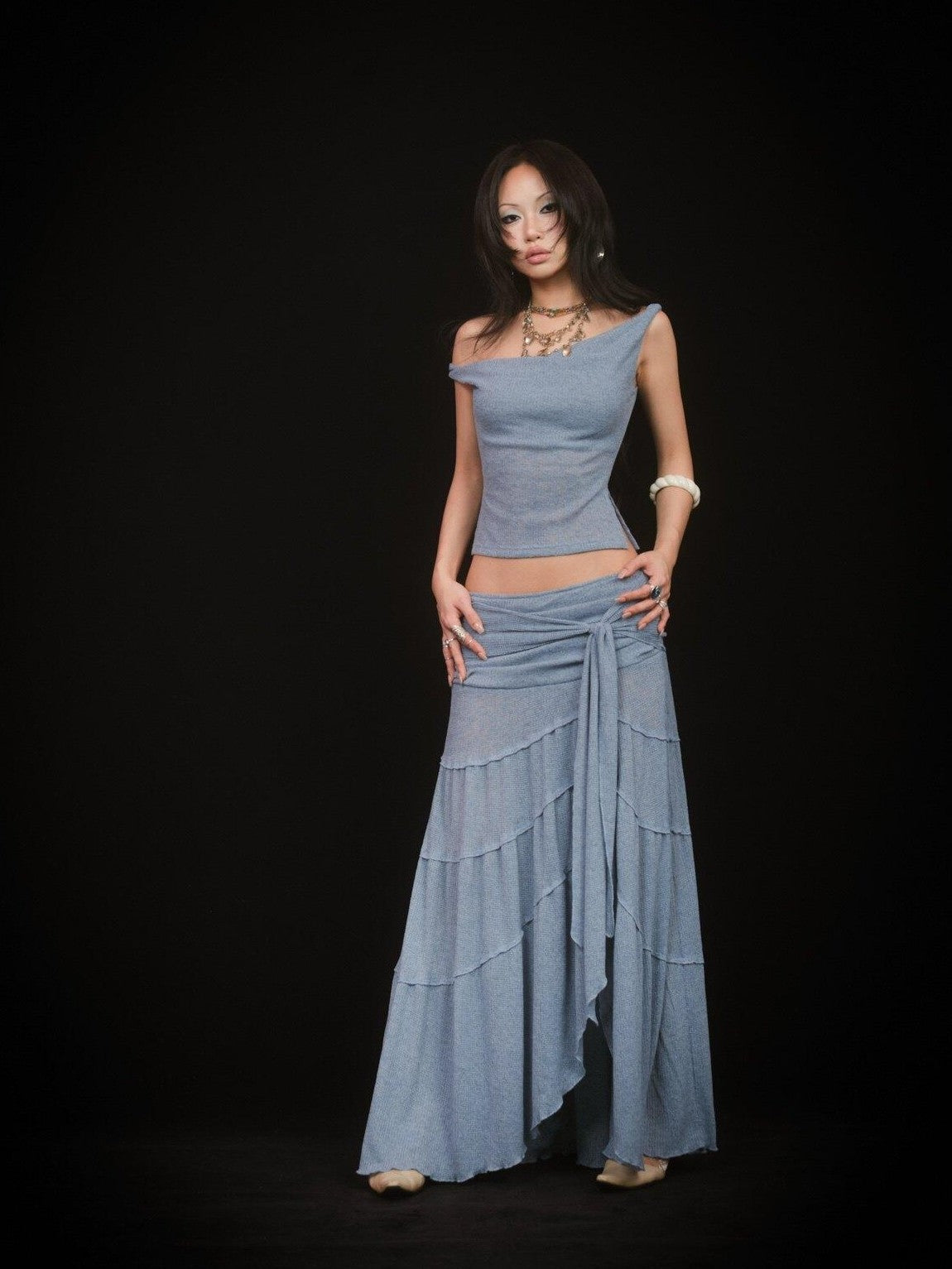 SCCREBEL Mist Blue Hippie Asymmetrical Tiered Ruffle Women's Matching Skirt Sets