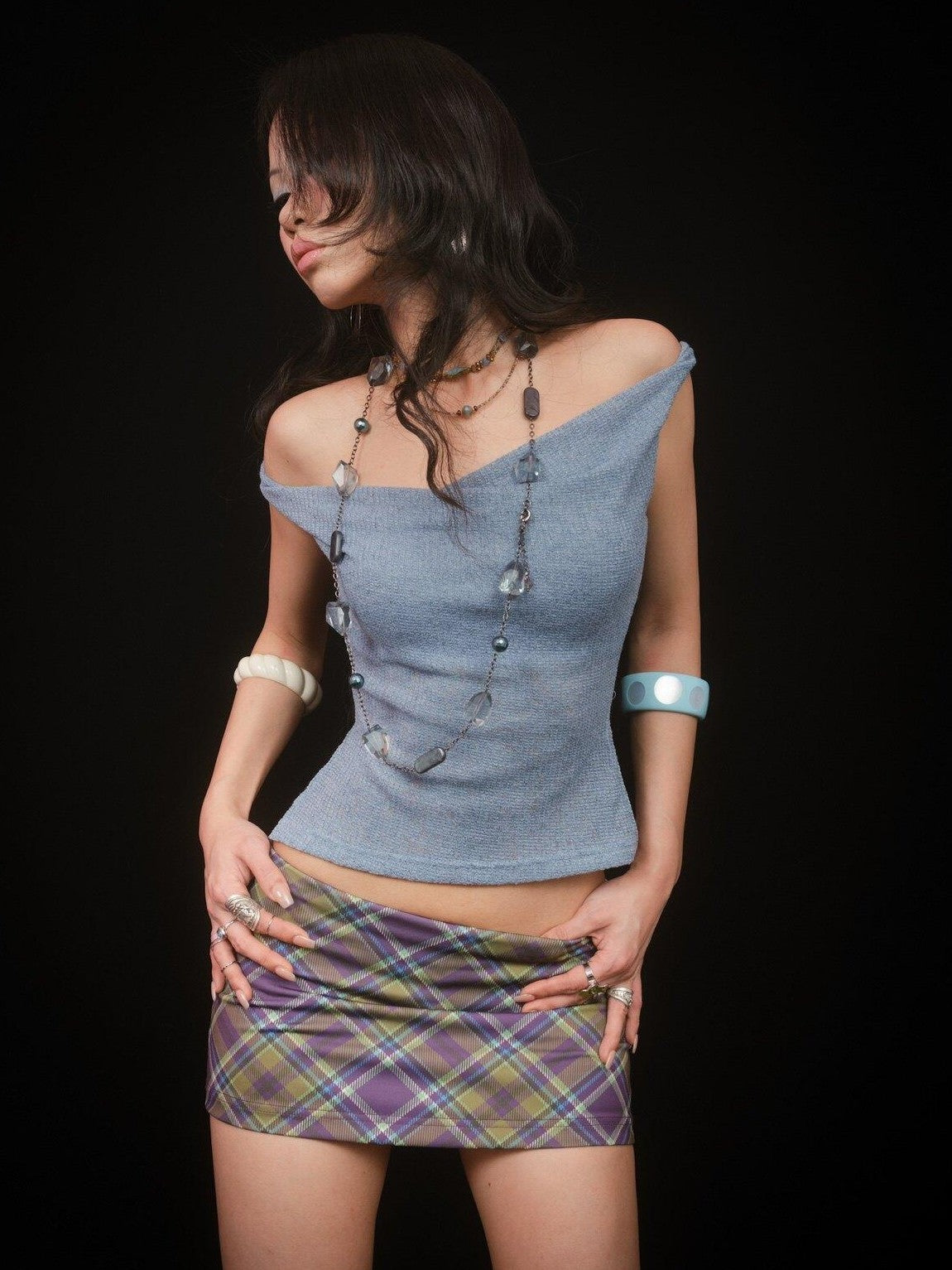 SCCREBEL Mist Blue Hippie Asymmetrical Tiered Ruffle Women's Matching Skirt Sets