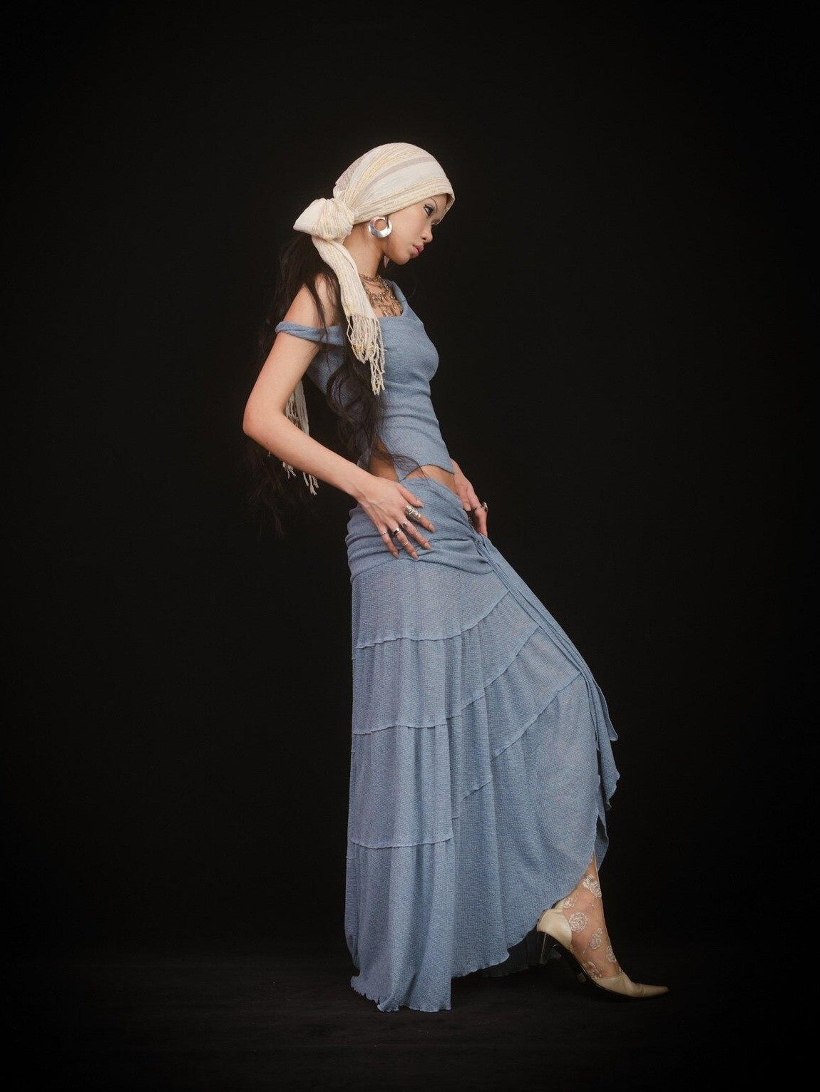 SCCREBEL Mist Blue Hippie Asymmetrical Tiered Ruffle Women's Matching Skirt Sets
