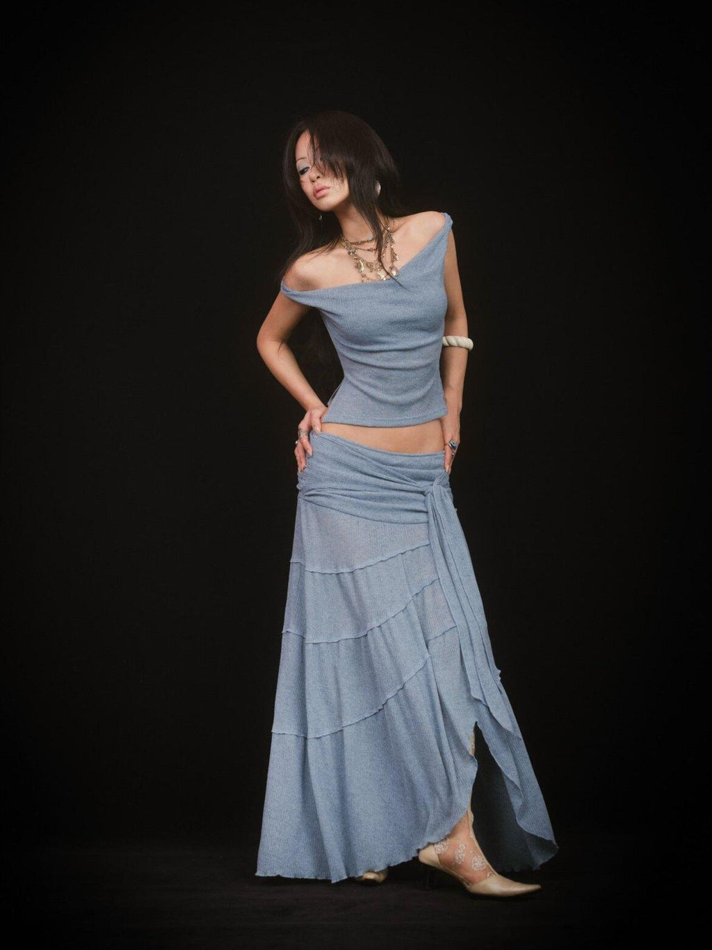 SCCREBEL Mist Blue Hippie Asymmetrical Tiered Ruffle Women's Matching Skirt Sets
