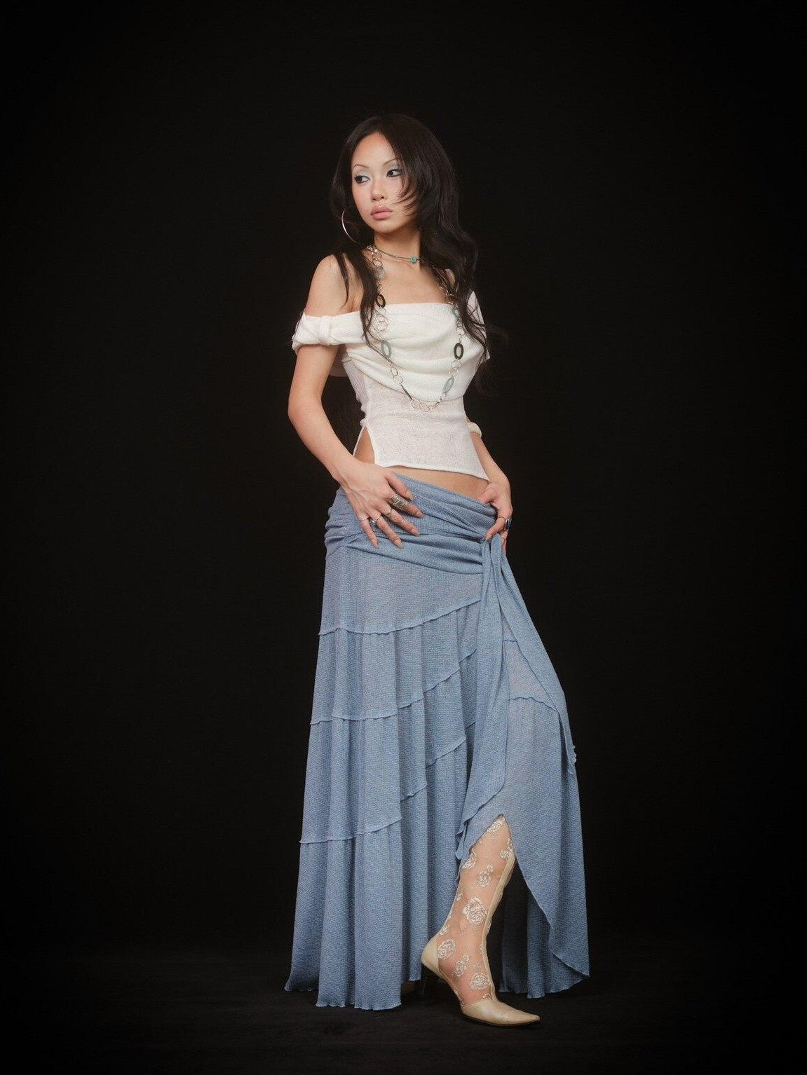 SCCREBEL Mist Blue Hippie Asymmetrical Tiered Ruffle Women's Matching Skirt Sets