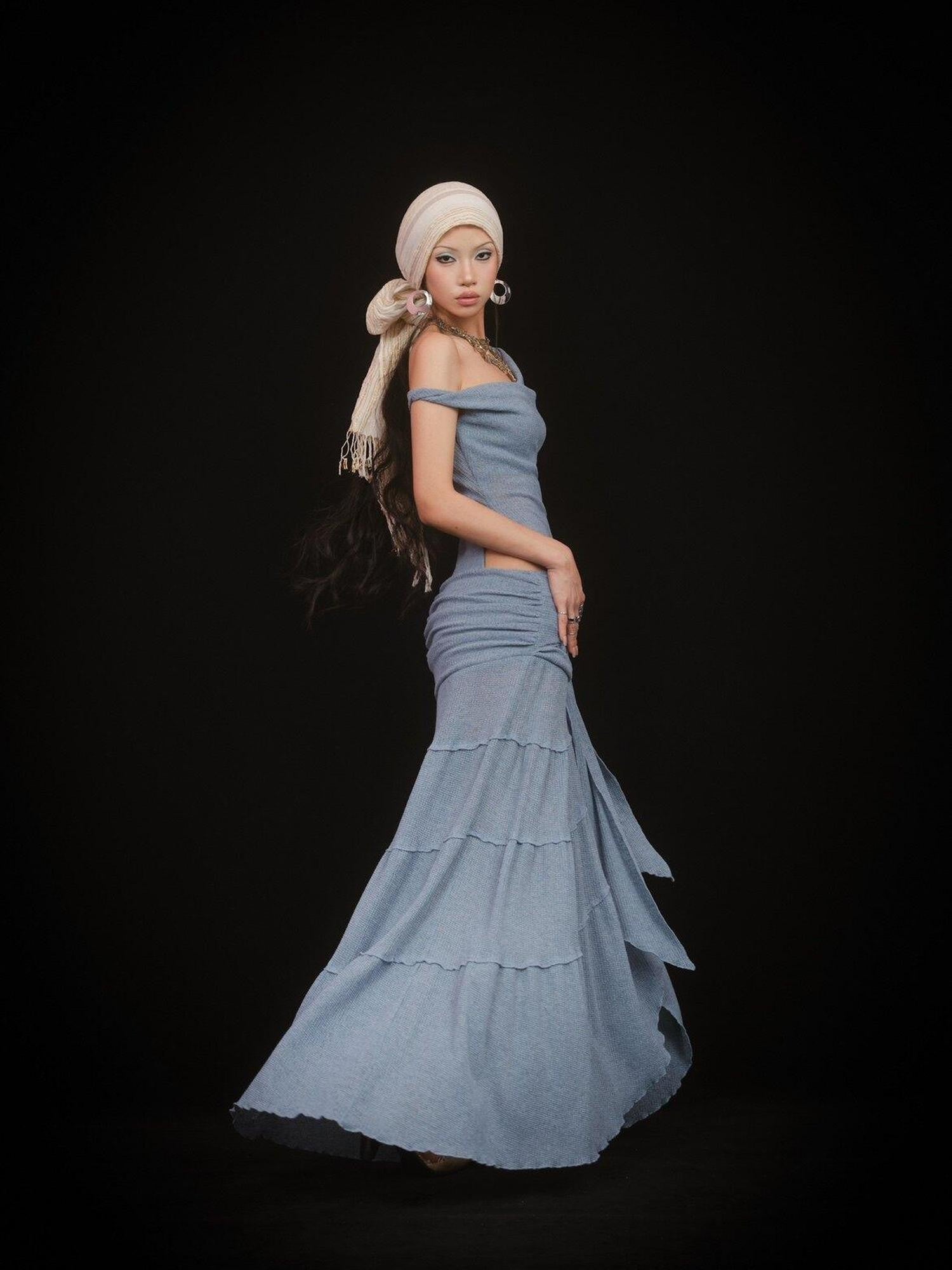 SCCREBEL Mist Blue Hippie Asymmetrical Tiered Ruffle Women's Matching Skirt Sets