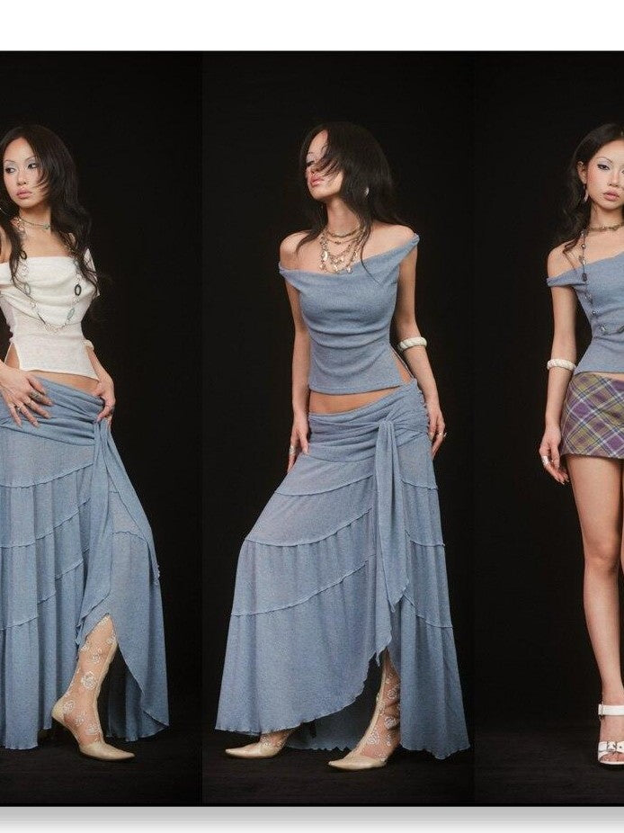 SCCREBEL Mist Blue Hippie Asymmetrical Tiered Ruffle Women's Matching Skirt Sets