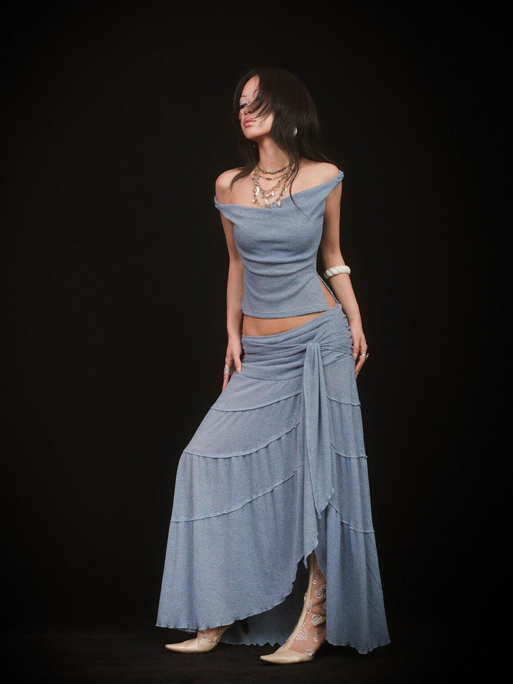 SCCREBEL Mist Blue Hippie Asymmetrical Tiered Ruffle Women's Matching Skirt Sets