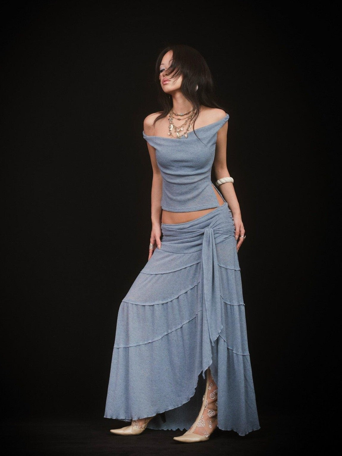 SCCREBEL Mist Blue Hippie Asymmetrical Tiered Ruffle Women's Matching Skirt Sets