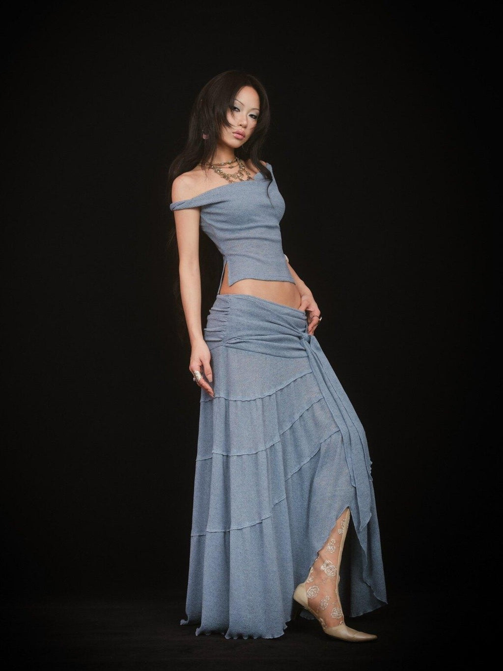 SCCREBEL Mist Blue Hippie Asymmetrical Tiered Ruffle Women's Matching Skirt Sets