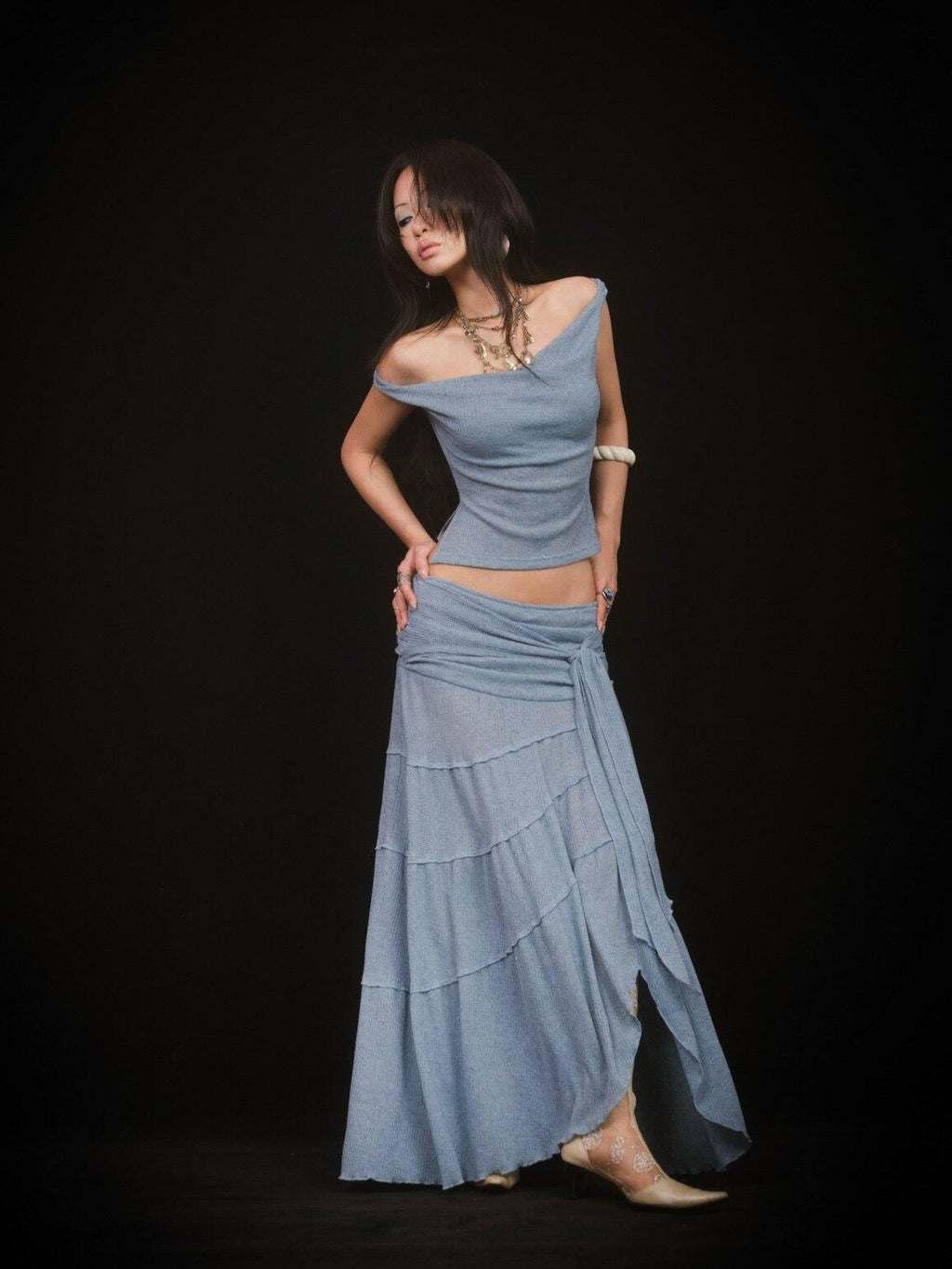 SCCREBEL Mist Blue Hippie Asymmetrical Tiered Ruffle Women's Matching Skirt Sets