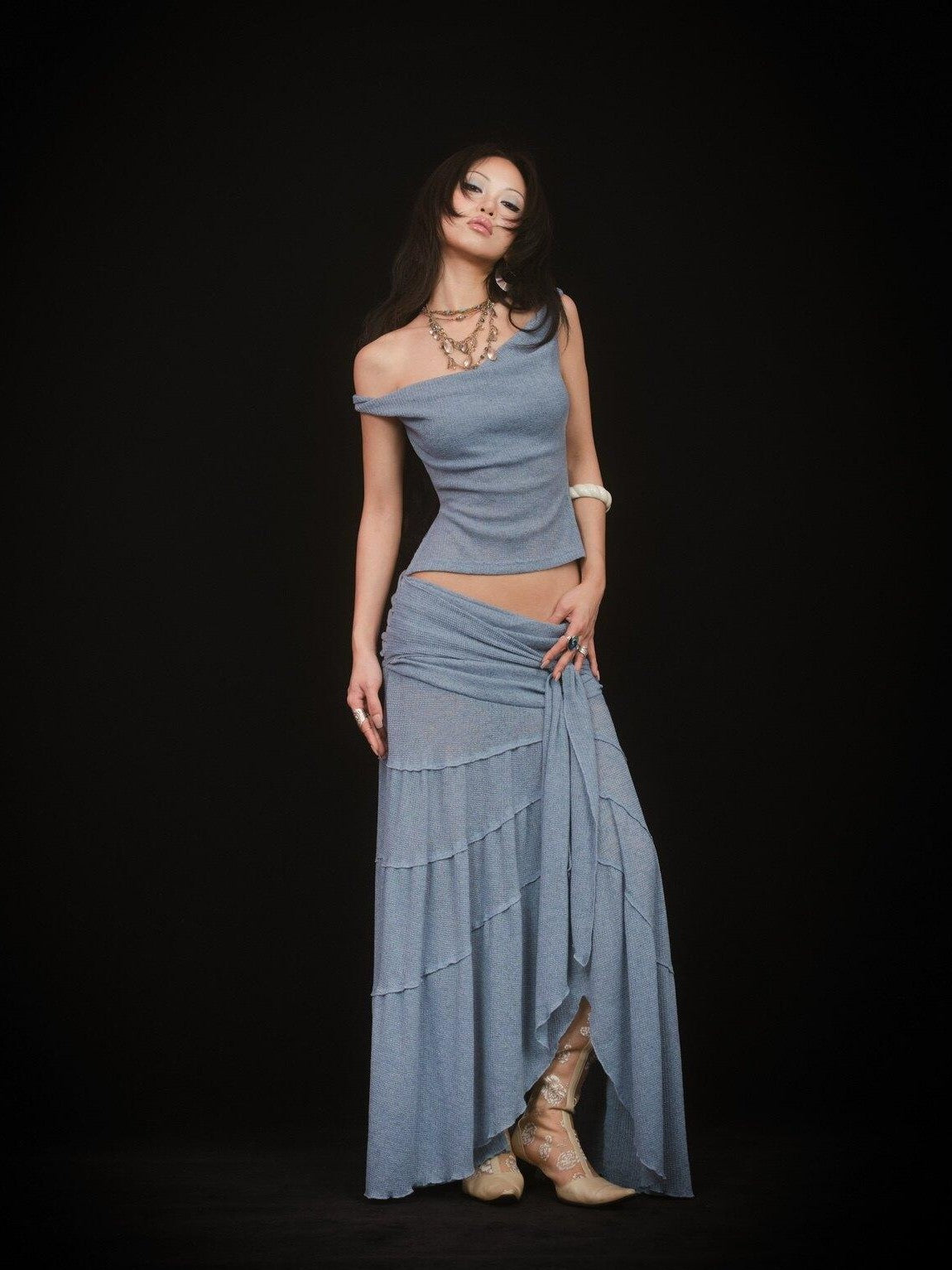 SCCREBEL Mist Blue Hippie Asymmetrical Tiered Ruffle Women's Matching Skirt Sets