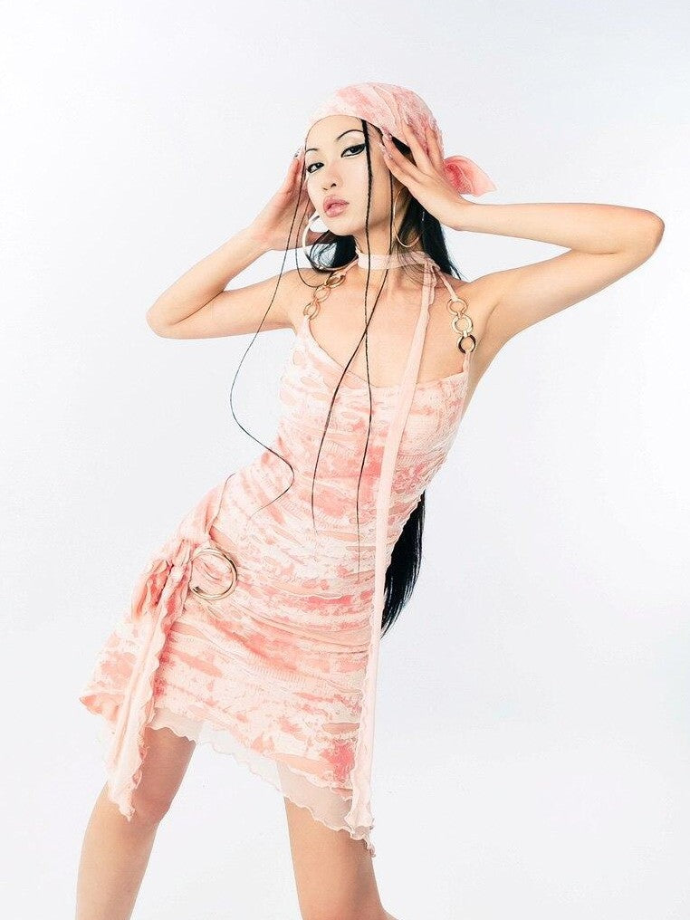 SCCREBEL Peach Floral Plunging V Backless Asymmetrical Women's Mesh Halter Mini Dresses
