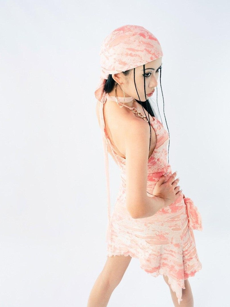 SCCREBEL Peach Floral Plunging V Backless Asymmetrical Women's Mesh Halter Mini Dresses