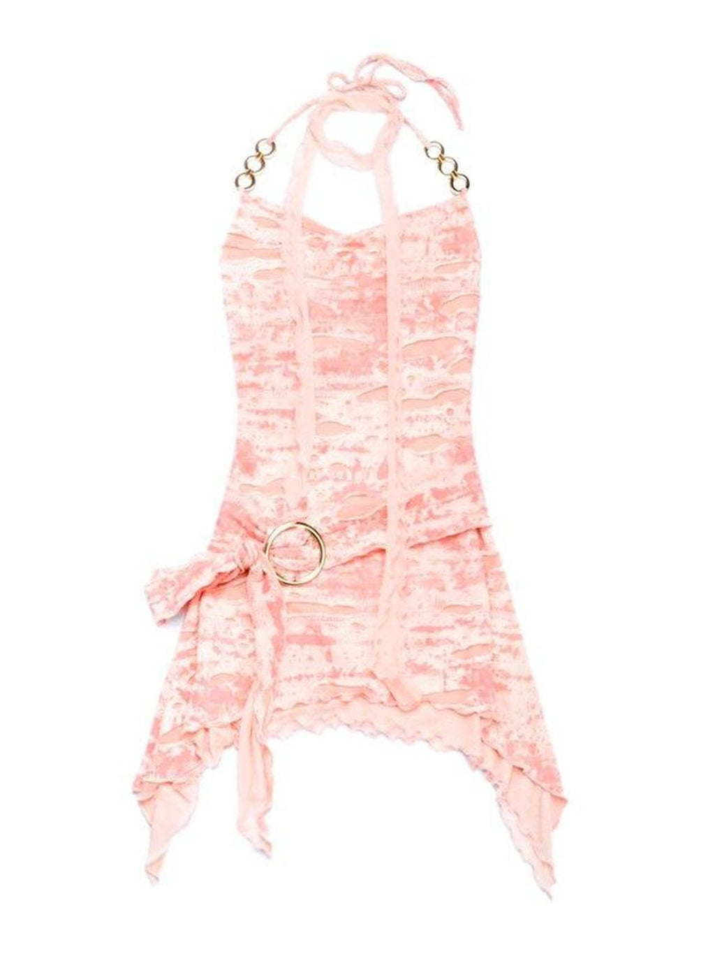 SCCREBEL Peach Floral Plunging V Backless Asymmetrical Women's Mesh Halter Mini Dresses