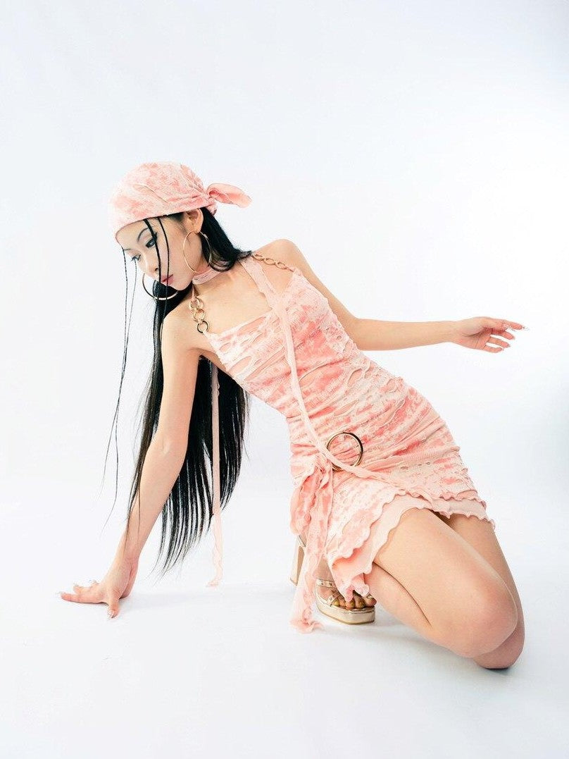 SCCREBEL Peach Floral Plunging V Backless Asymmetrical Women's Mesh Halter Mini Dresses