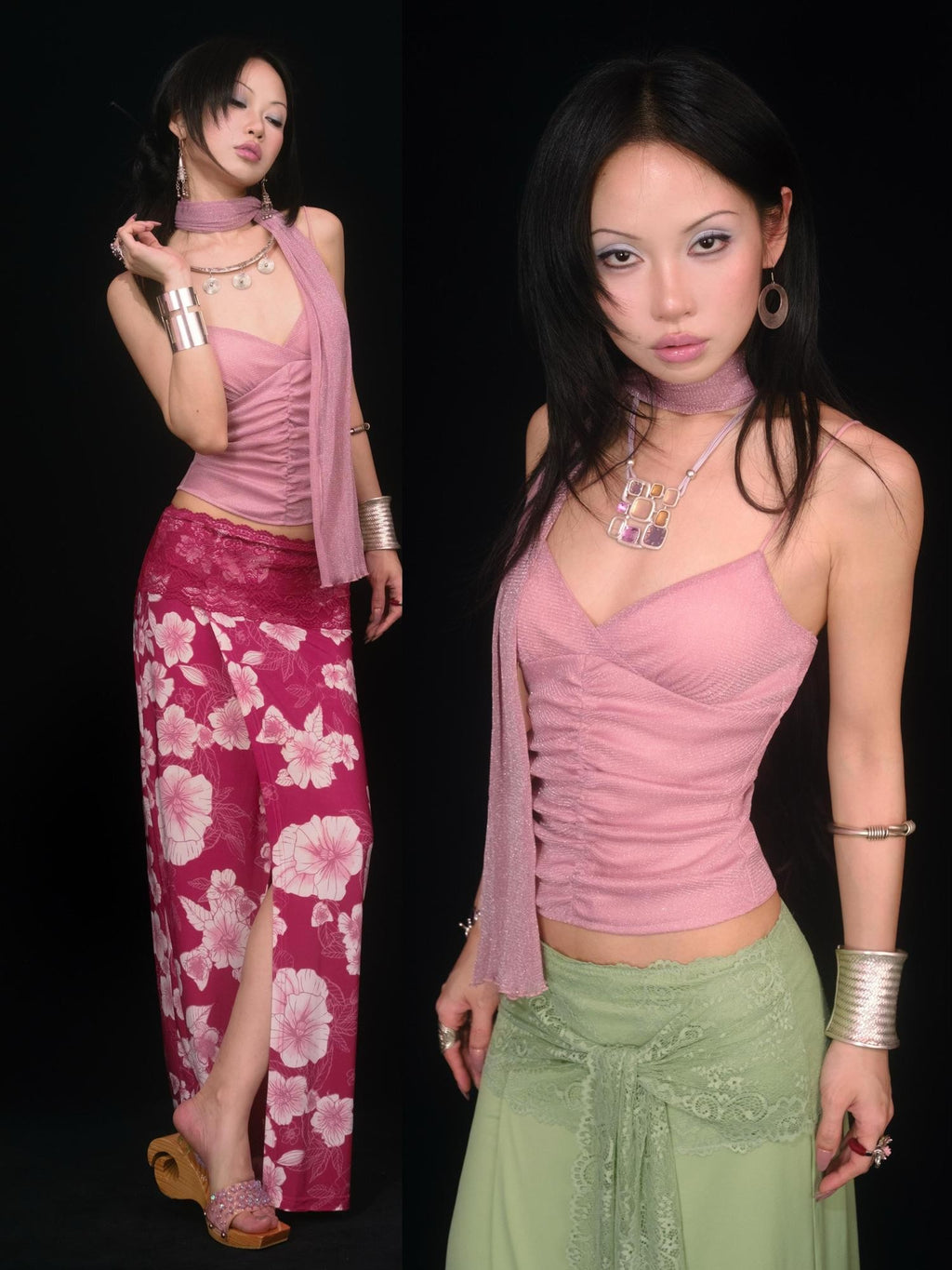 SCCREBEL Peach Pink Shimmer Ruched Open Back Women's Knitted Camisoles