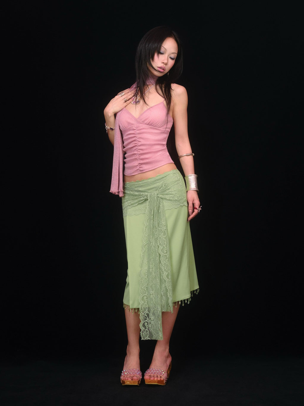 SCCREBEL Peach Pink Shimmer Ruched Open Back Women's Knitted Camisoles