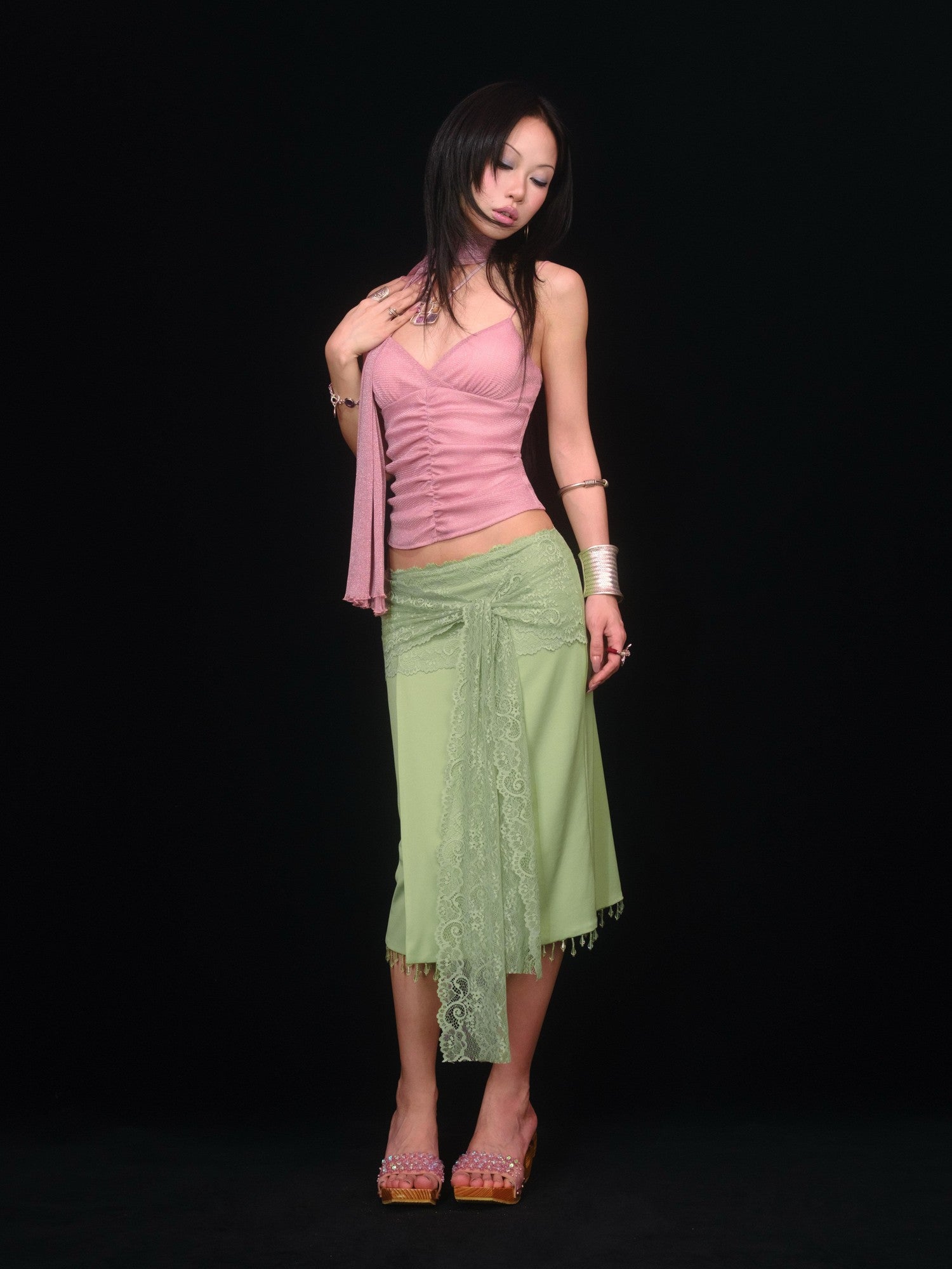SCCREBEL Peach Pink Shimmer Ruched Open Back Women's Knitted Camisoles