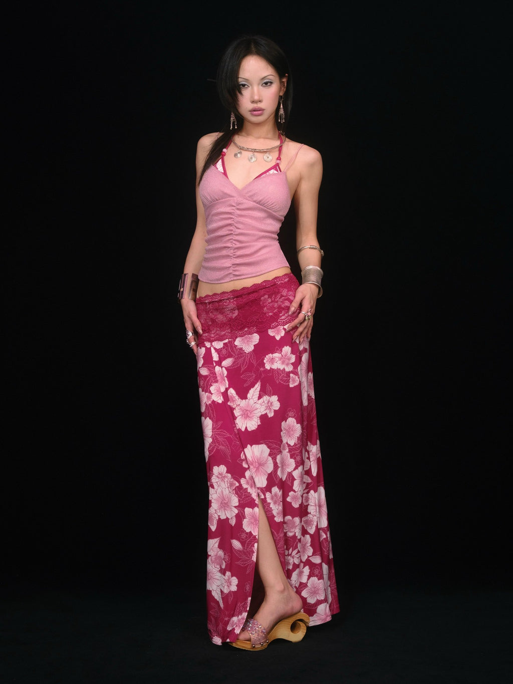 SCCREBEL Peach Pink Shimmer Ruched Open Back Women's Knitted Camisoles