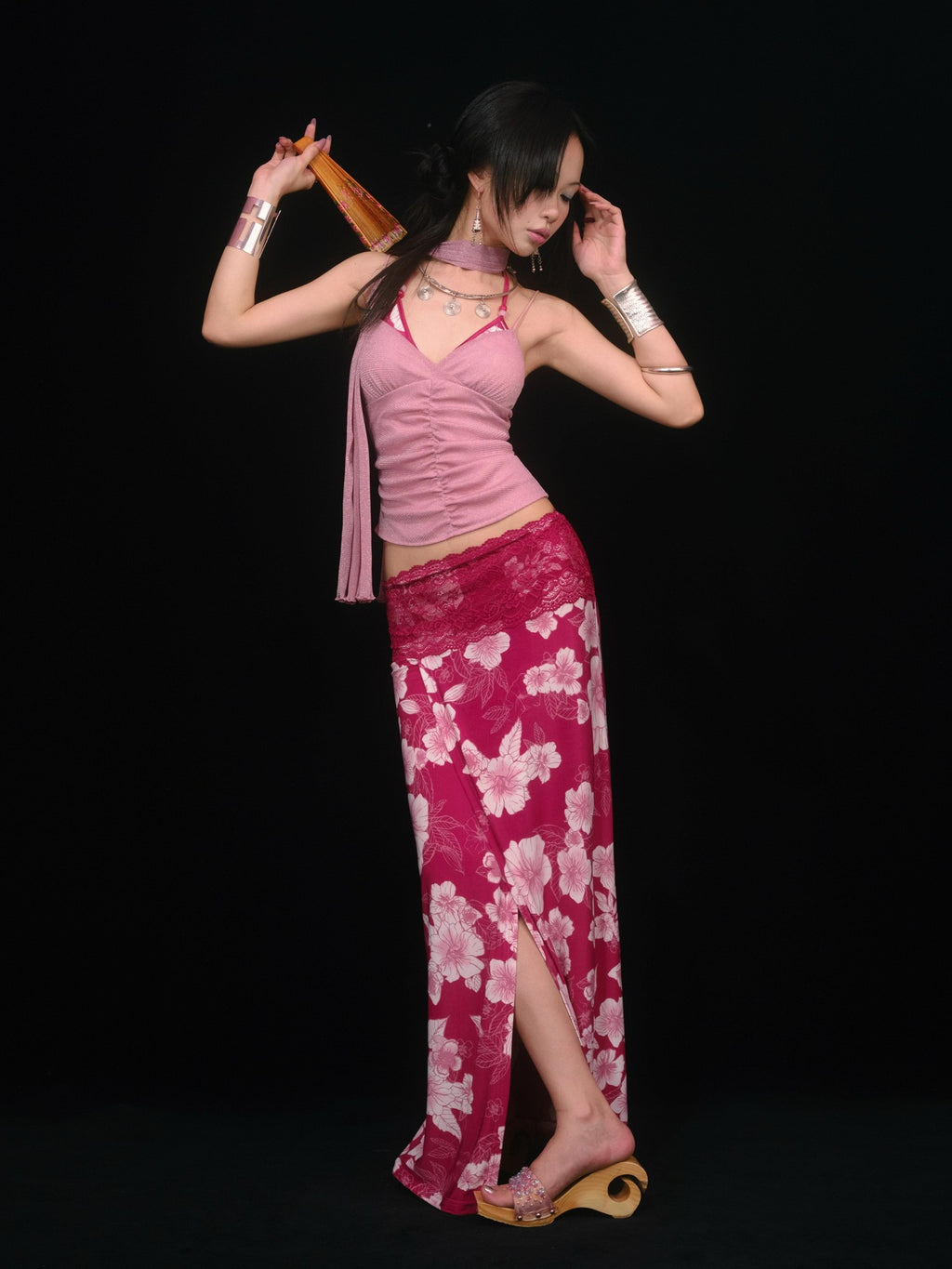 SCCREBEL Peach Pink Shimmer Ruched Open Back Women's Knitted Camisoles