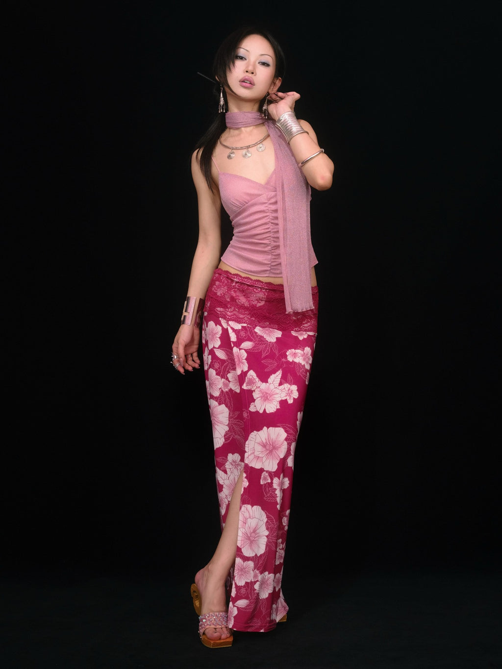 SCCREBEL Peach Pink Shimmer Ruched Open Back Women's Knitted Camisoles