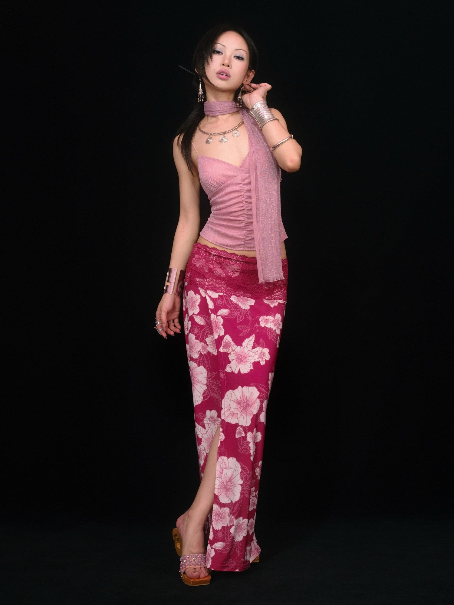 SCCREBEL Peach Pink Shimmer Ruched Open Back Women's Knitted Camisoles