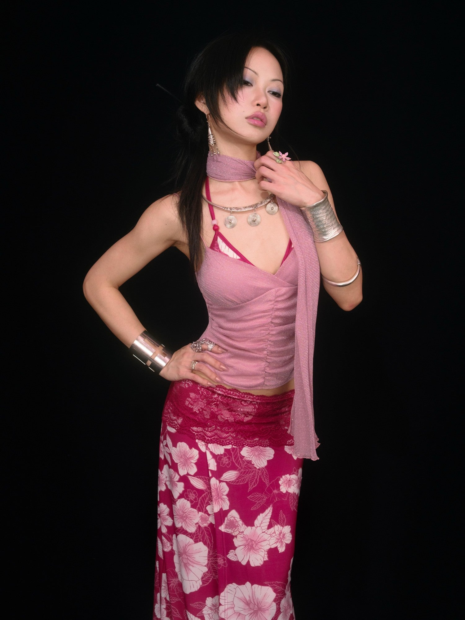 SCCREBEL Peach Pink Shimmer Ruched Open Back Women's Knitted Camisoles