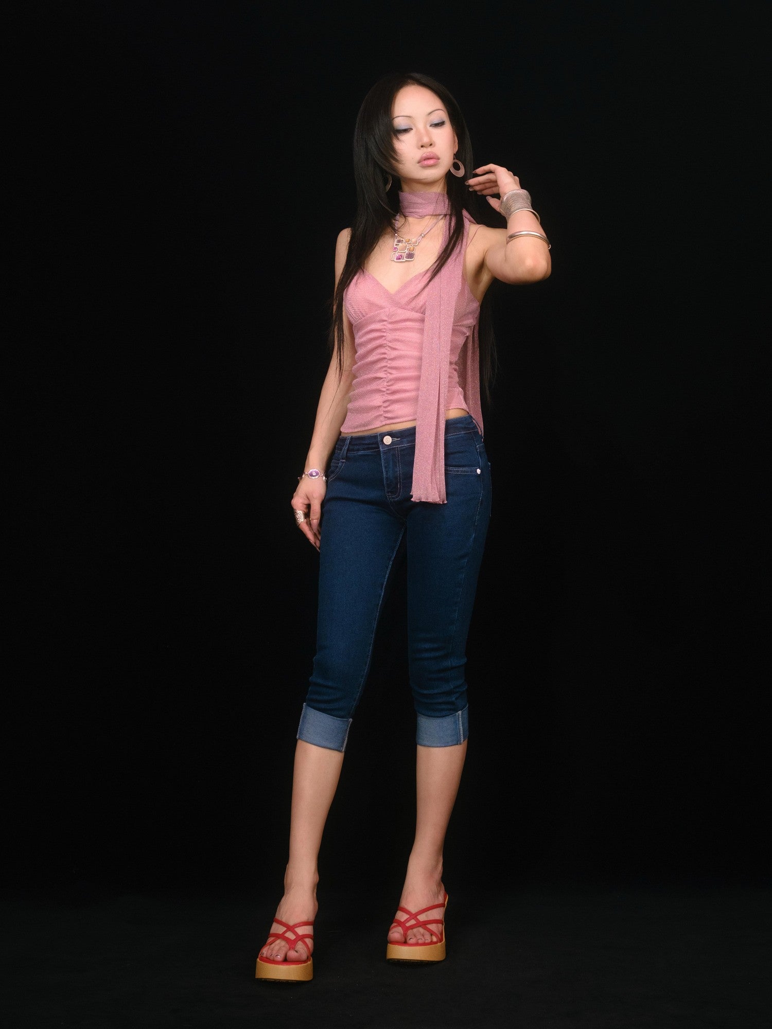 SCCREBEL Peach Pink Shimmer Ruched Open Back Women's Knitted Camisoles
