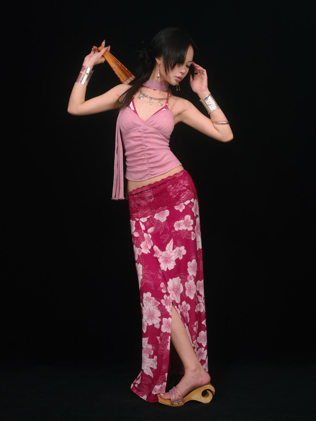 SCCREBEL Peach Pink Shimmer Ruched Open Back Women's Knitted Camisoles