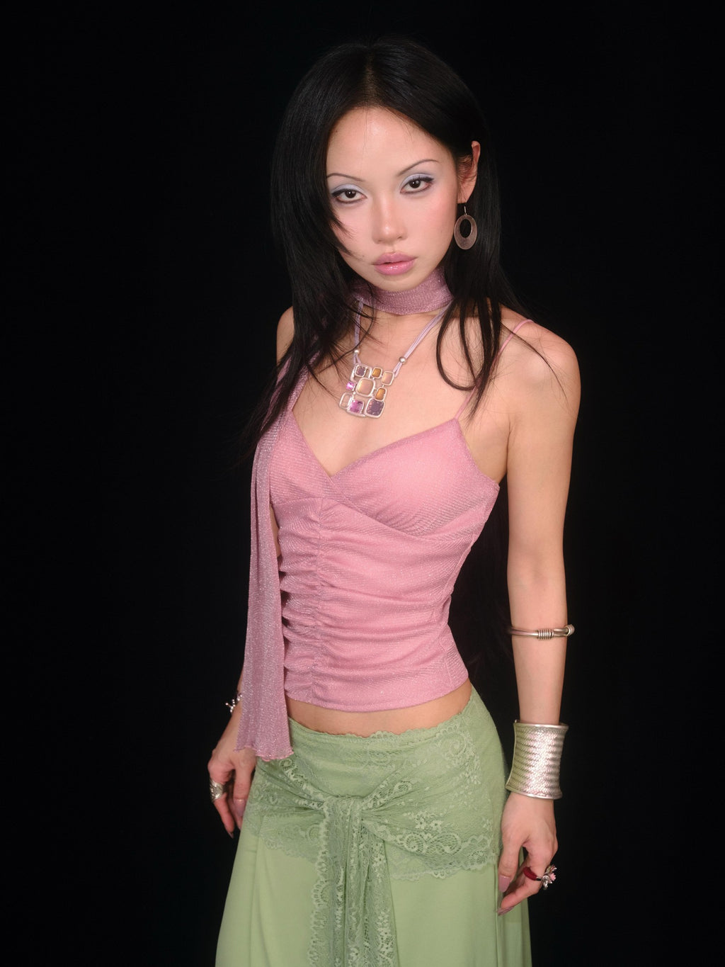 SCCREBEL Peach Pink Shimmer Ruched Open Back Women's Knitted Camisoles