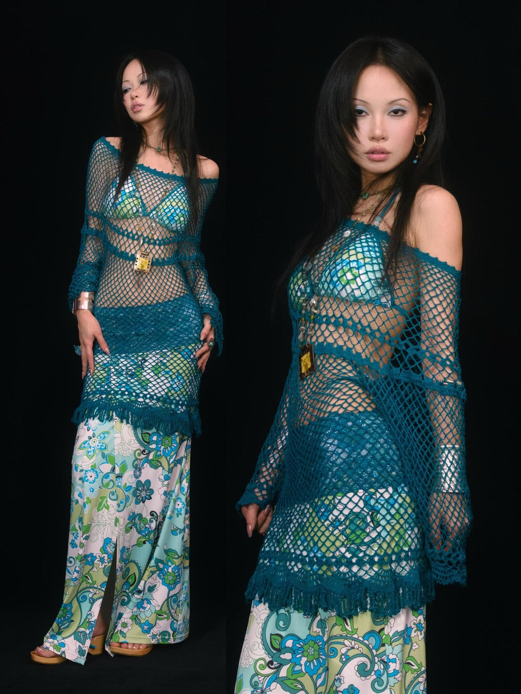 SCCREBEL Peacock Blue Hand Crochet Openwork Tassel Women's Cotton Casual Mini Dresses