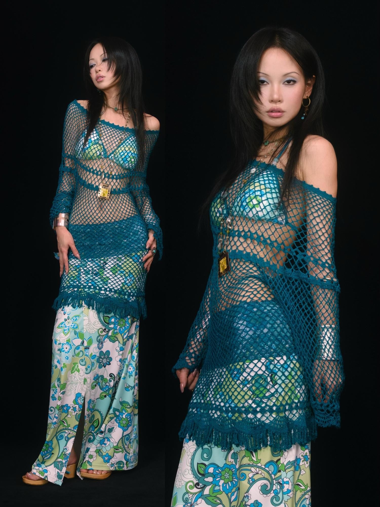SCCREBEL Peacock Blue Hand Crochet Openwork Tassel Women's Cotton Casual Mini Dresses