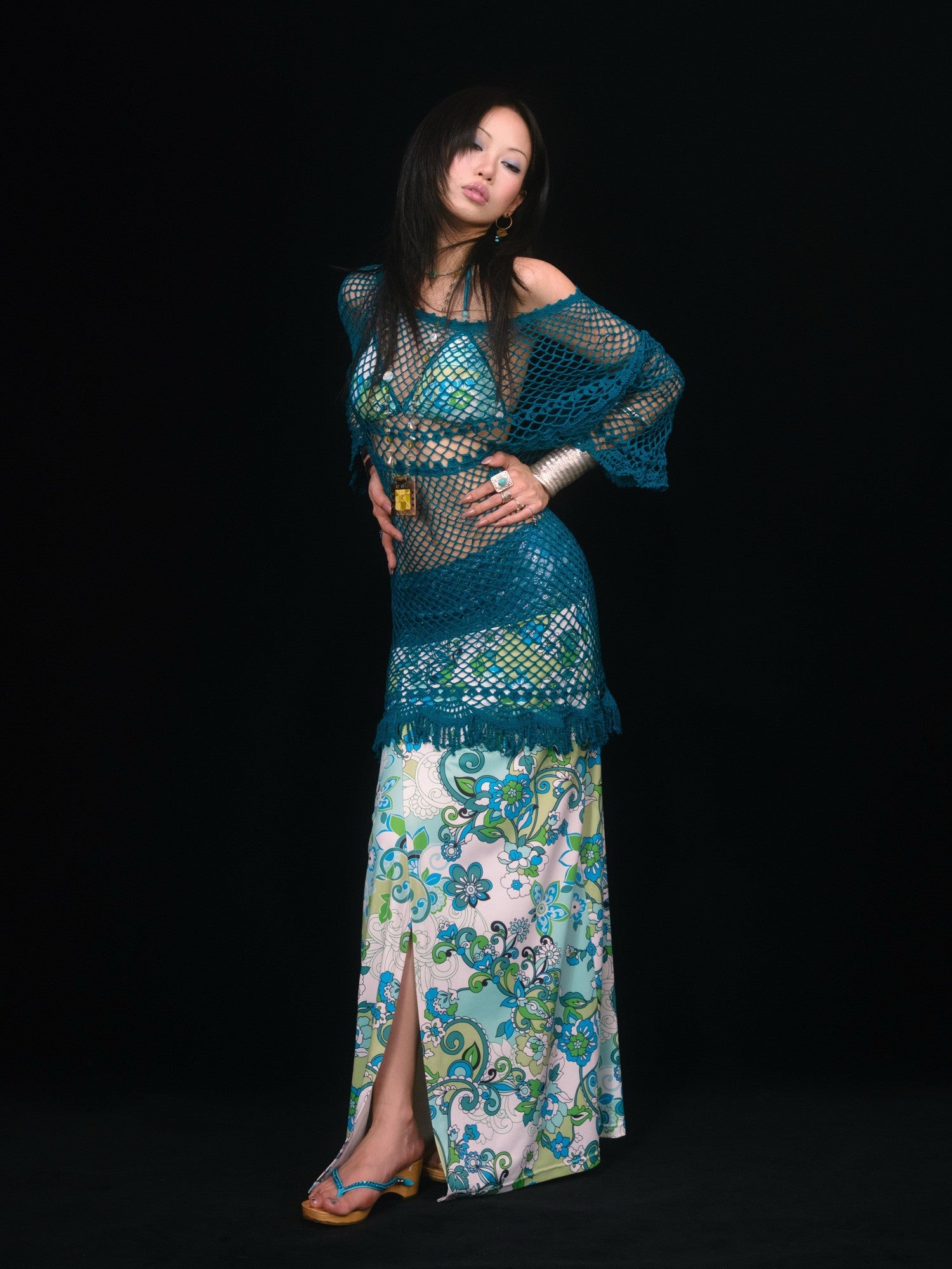 SCCREBEL Peacock Blue Hand Crochet Openwork Tassel Women's Cotton Casual Mini Dresses