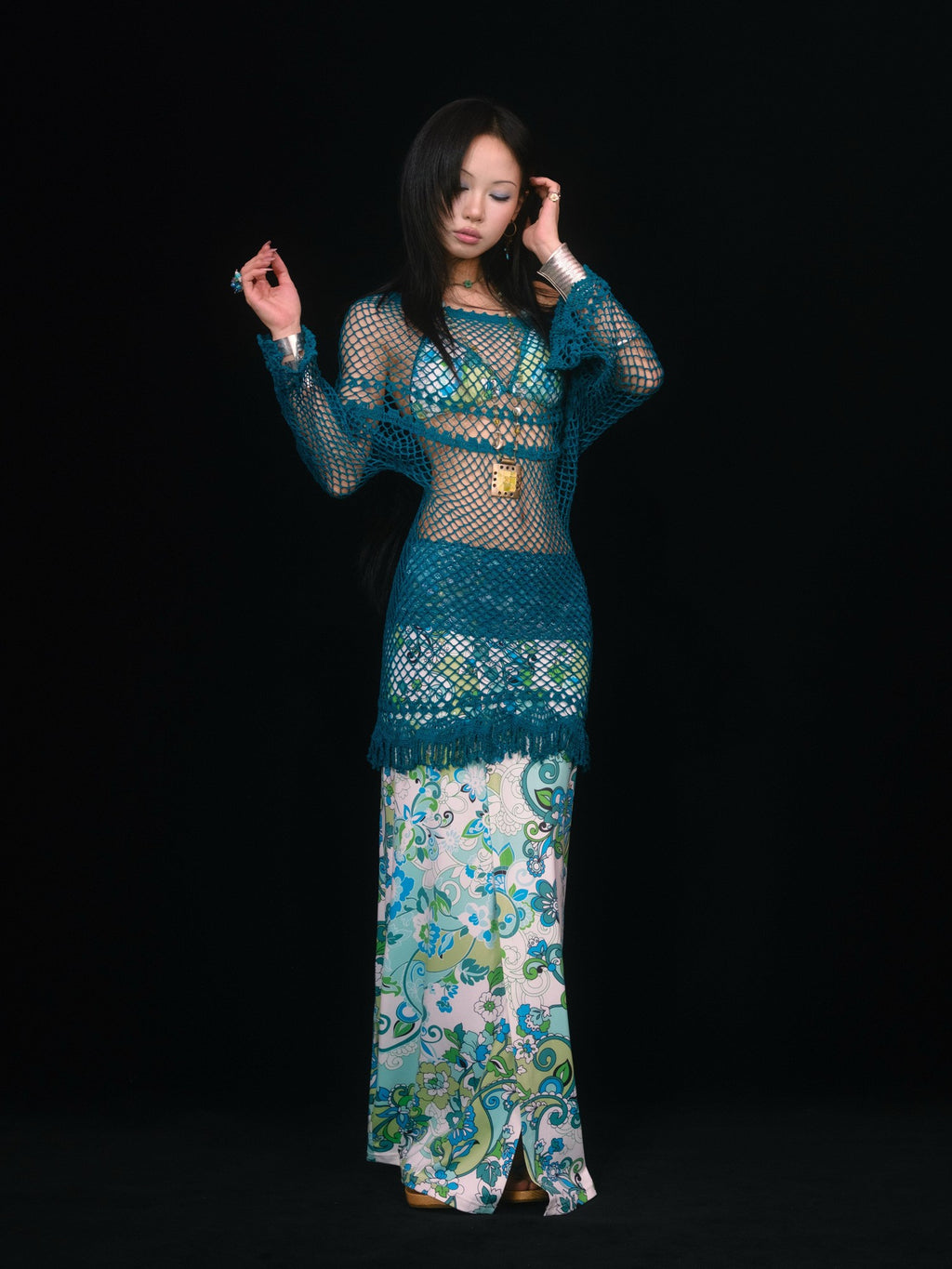 SCCREBEL Peacock Blue Hand Crochet Openwork Tassel Women's Cotton Casual Mini Dresses