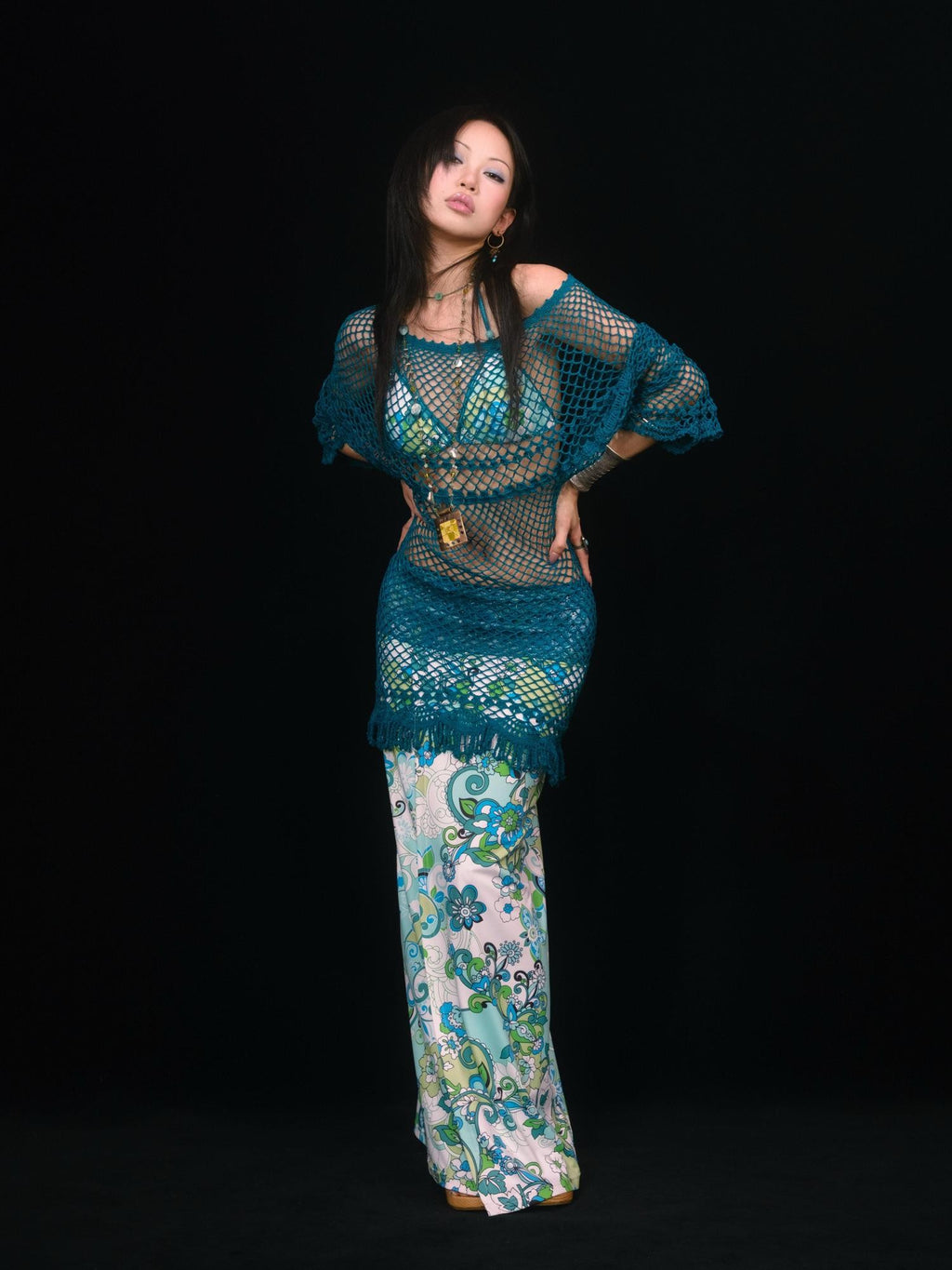 SCCREBEL Peacock Blue Hand Crochet Openwork Tassel Women's Cotton Casual Mini Dresses