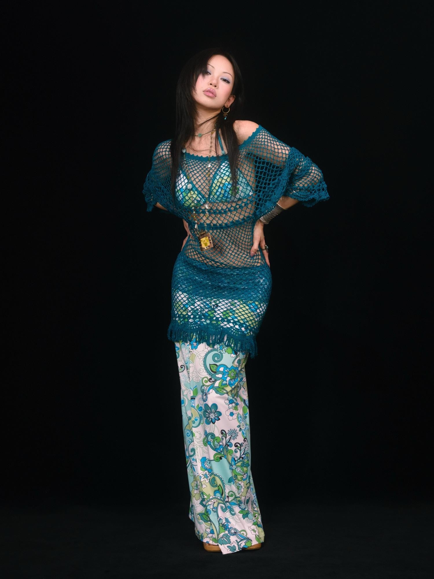 SCCREBEL Peacock Blue Hand Crochet Openwork Tassel Women's Cotton Casual Mini Dresses