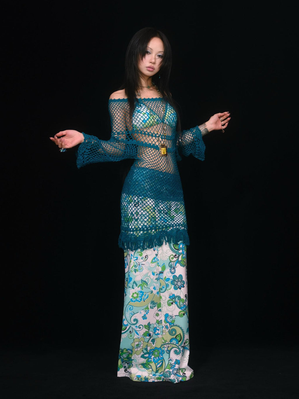 SCCREBEL Peacock Blue Hand Crochet Openwork Tassel Women's Cotton Casual Mini Dresses
