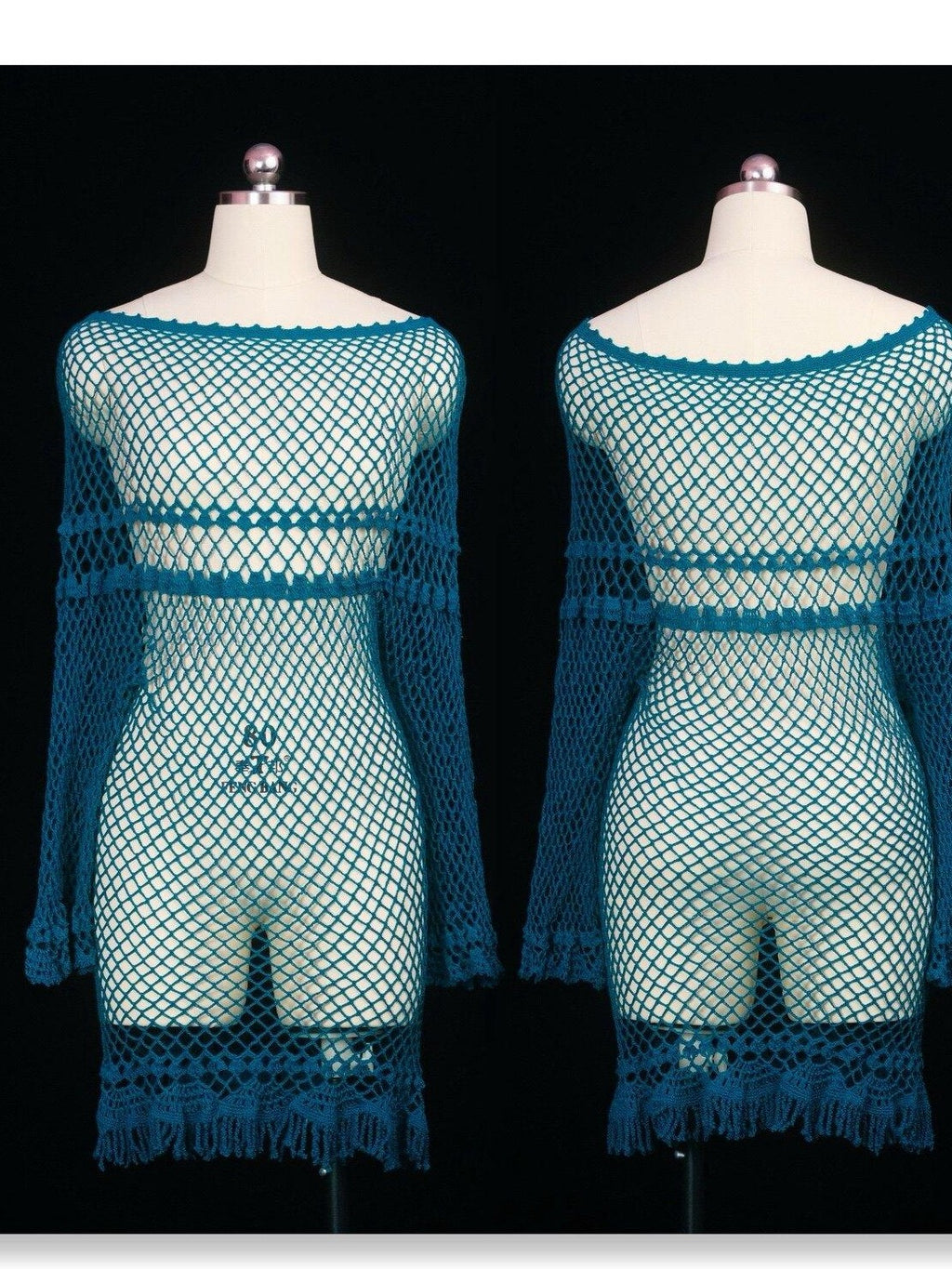 SCCREBEL Peacock Blue Hand Crochet Openwork Tassel Women's Cotton Casual Mini Dresses