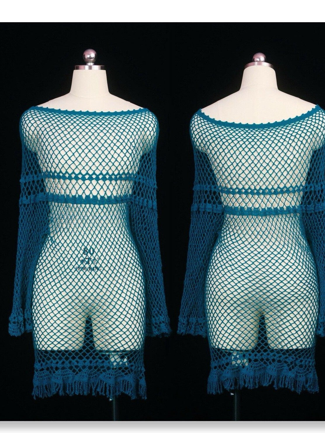 SCCREBEL Peacock Blue Hand Crochet Openwork Tassel Women's Cotton Casual Mini Dresses