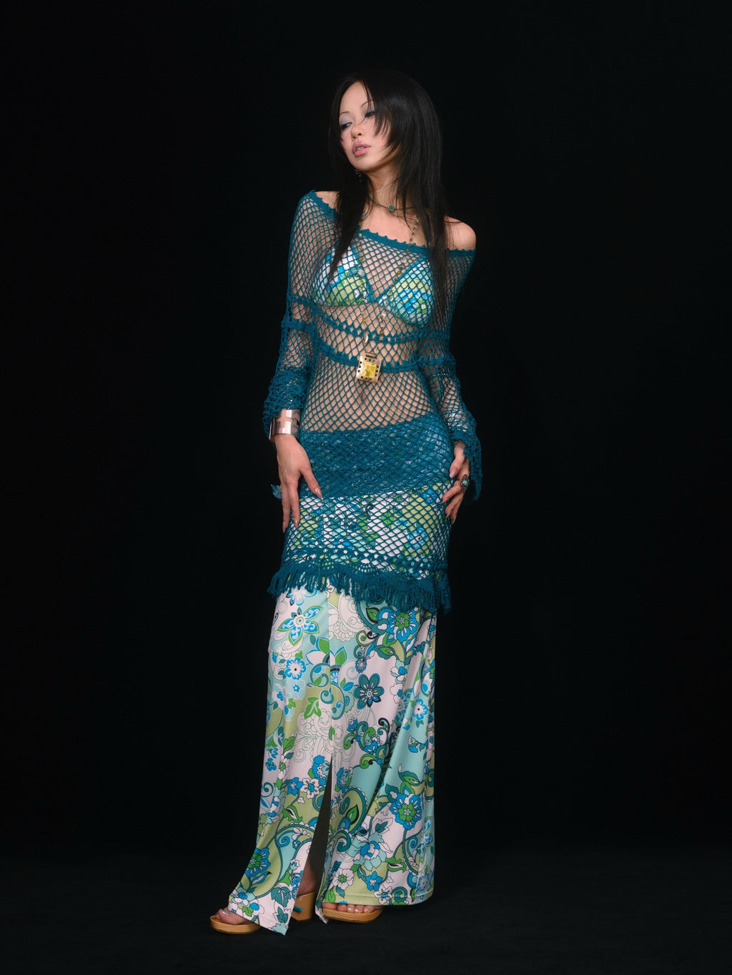 SCCREBEL Peacock Blue Hand Crochet Openwork Tassel Women's Cotton Casual Mini Dresses