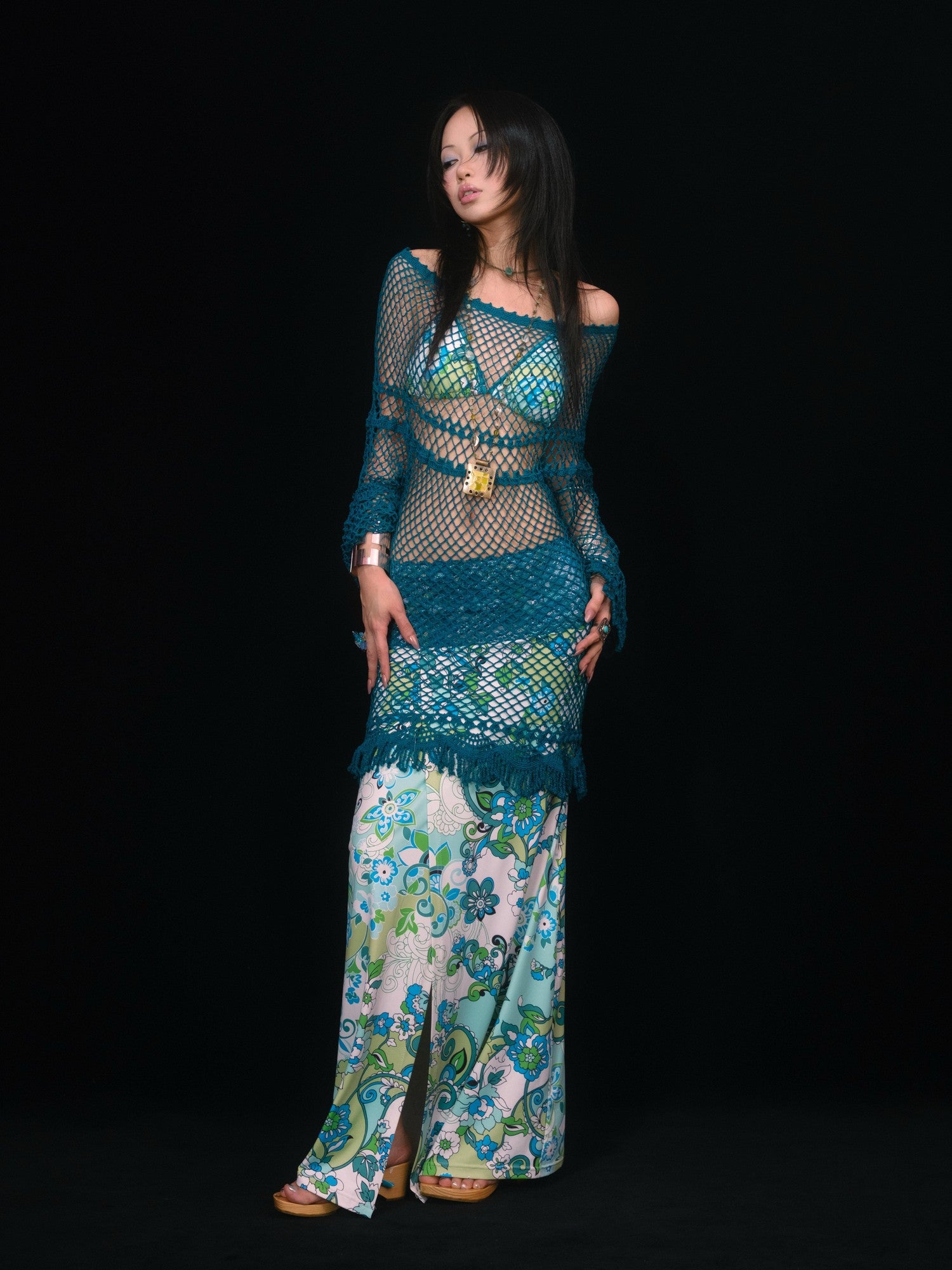 SCCREBEL Peacock Blue Hand Crochet Openwork Tassel Women's Cotton Casual Mini Dresses