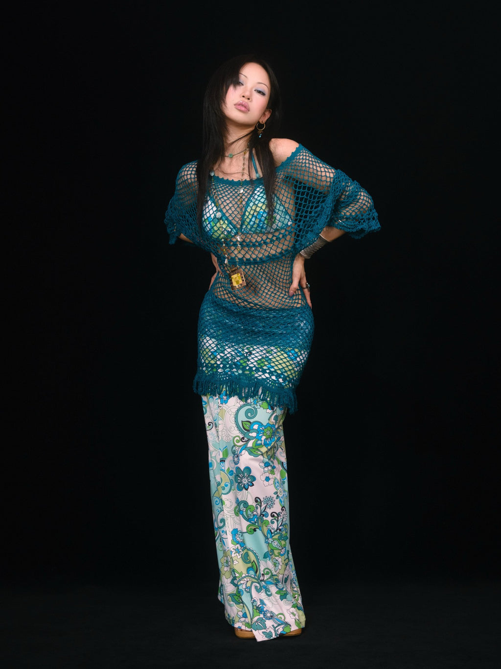 SCCREBEL Peacock Blue Hand Crochet Openwork Tassel Women's Cotton Casual Mini Dresses