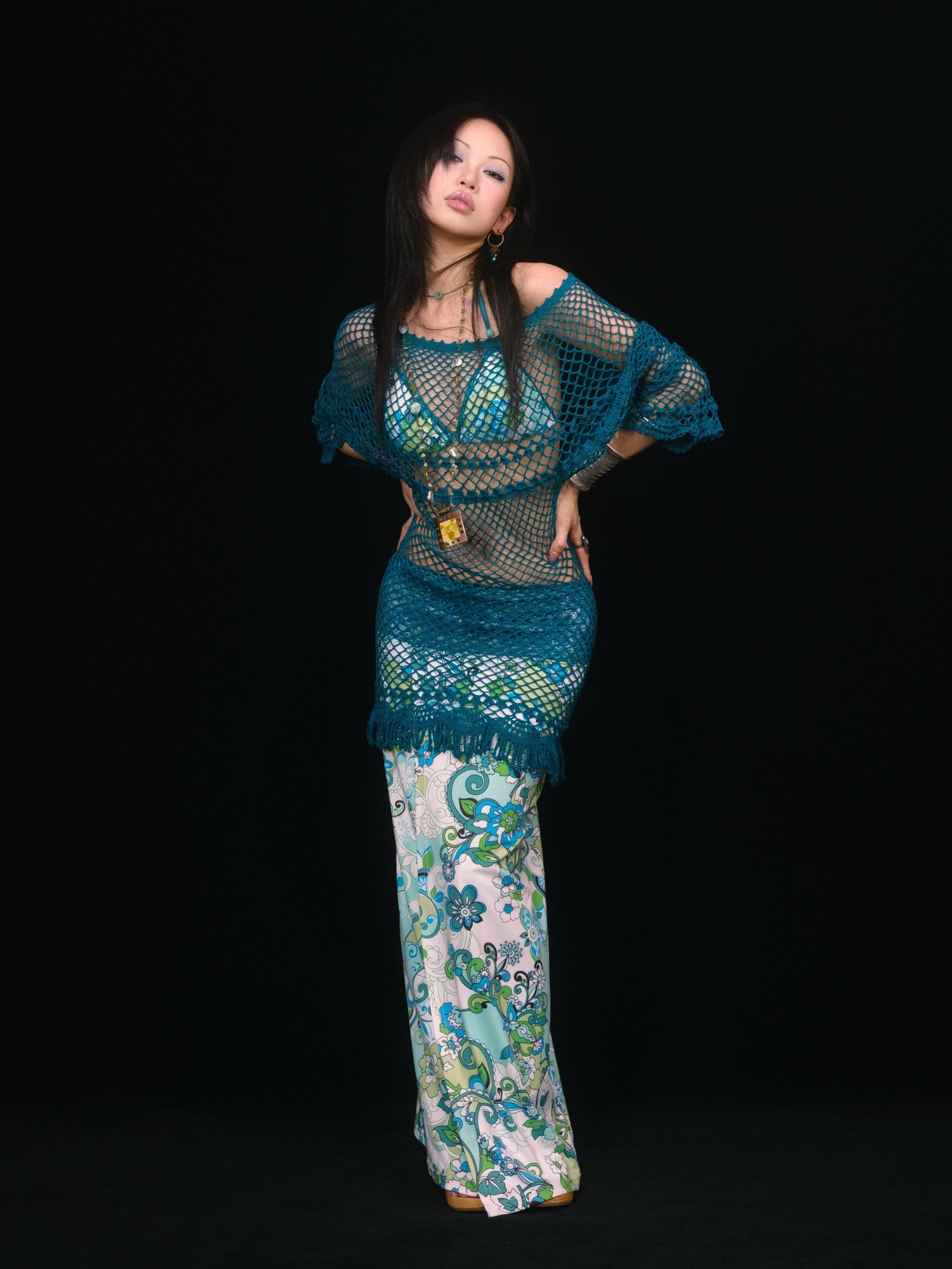 SCCREBEL Peacock Blue Hand Crochet Openwork Tassel Women's Cotton Casual Mini Dresses