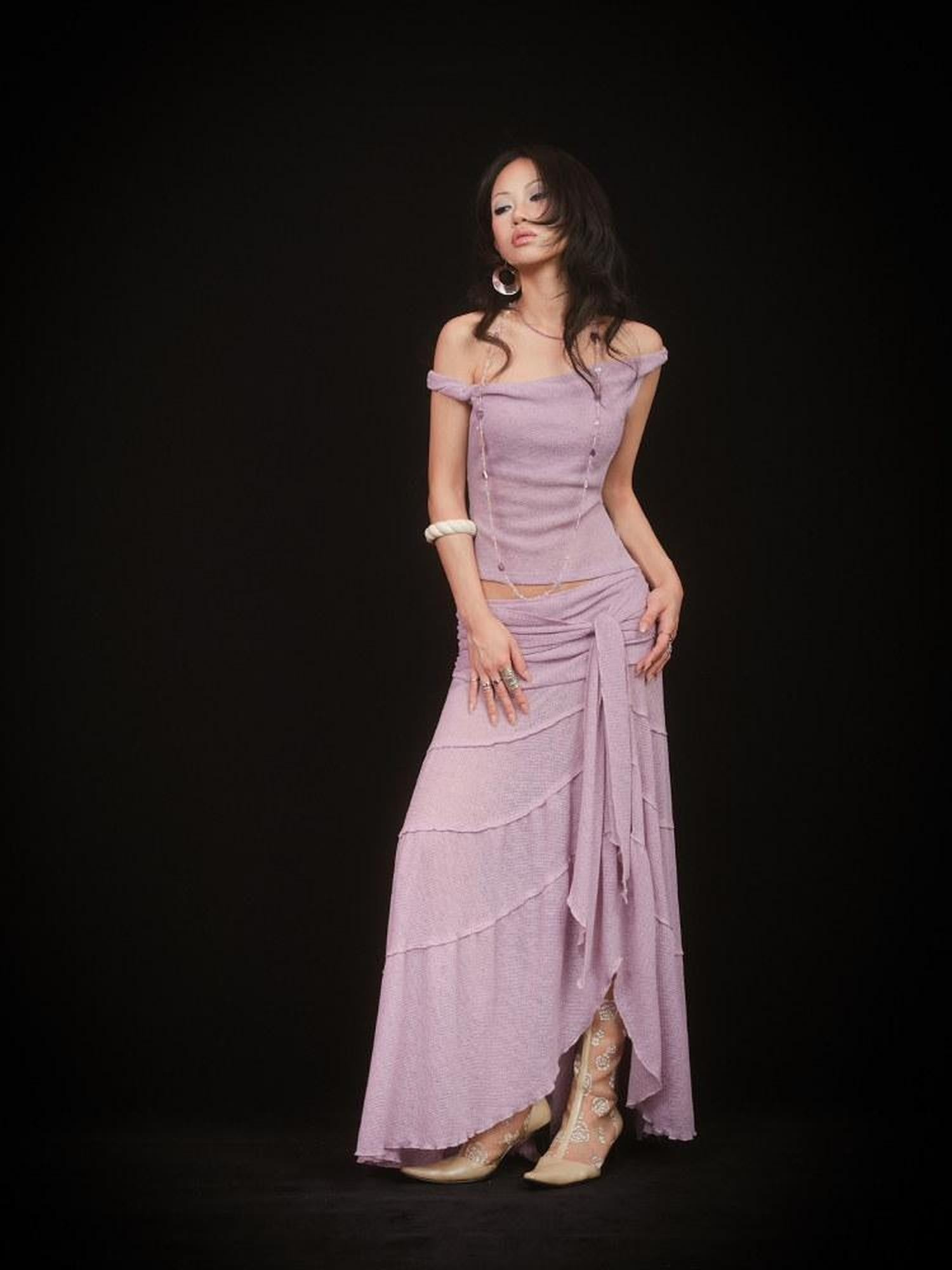 SCCREBEL Pink Purple Hippie Asymmetrical Tiered Women's Matching Skirt Sets