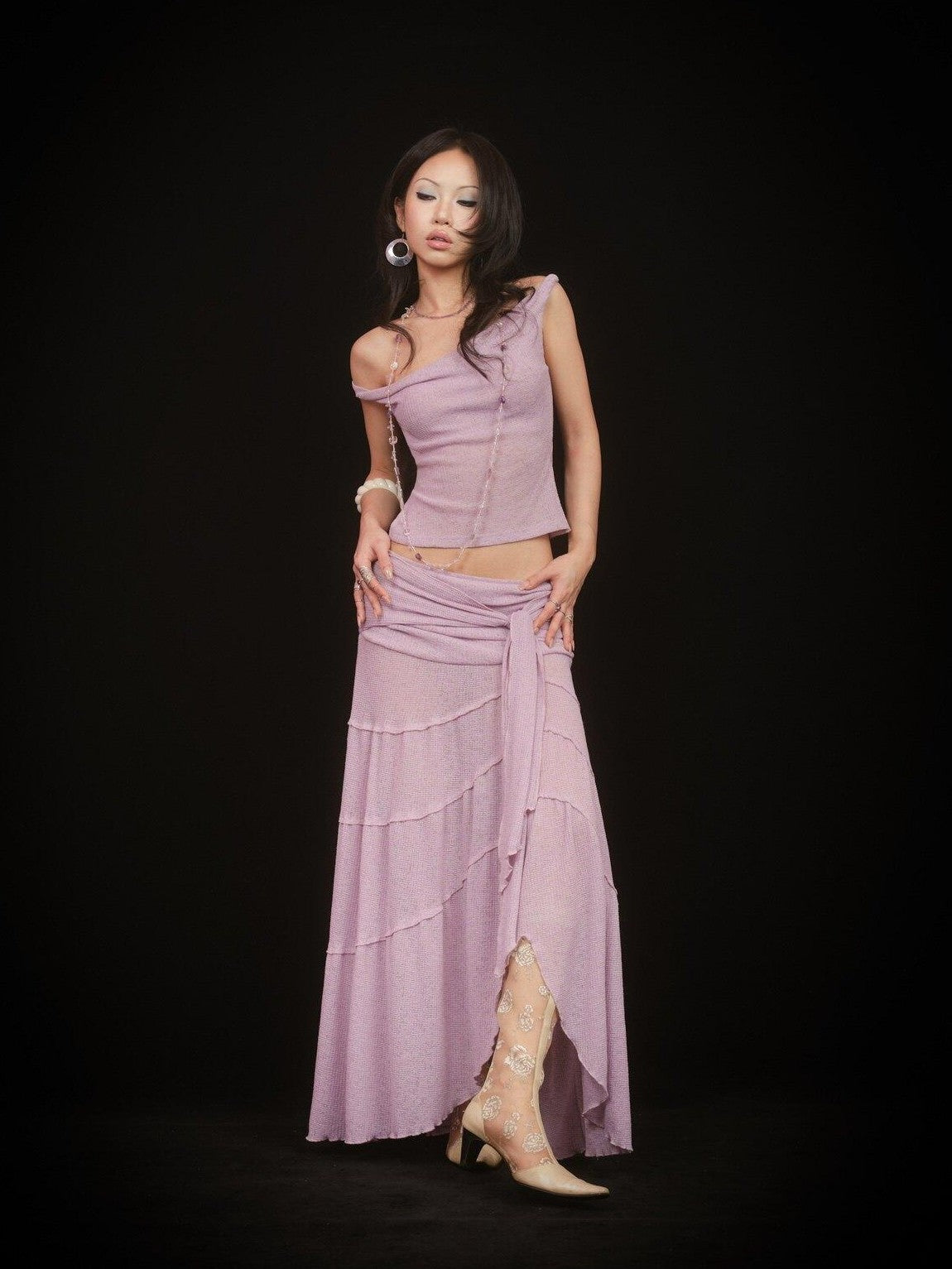 SCCREBEL Pink Purple Hippie Asymmetrical Tiered Women's Matching Skirt Sets