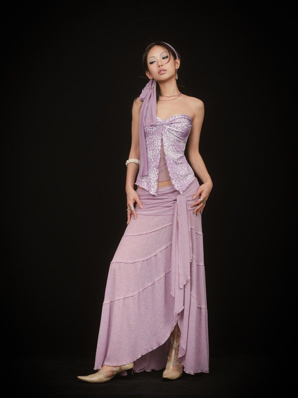 SCCREBEL Pink Purple Hippie Asymmetrical Tiered Women's Matching Skirt Sets