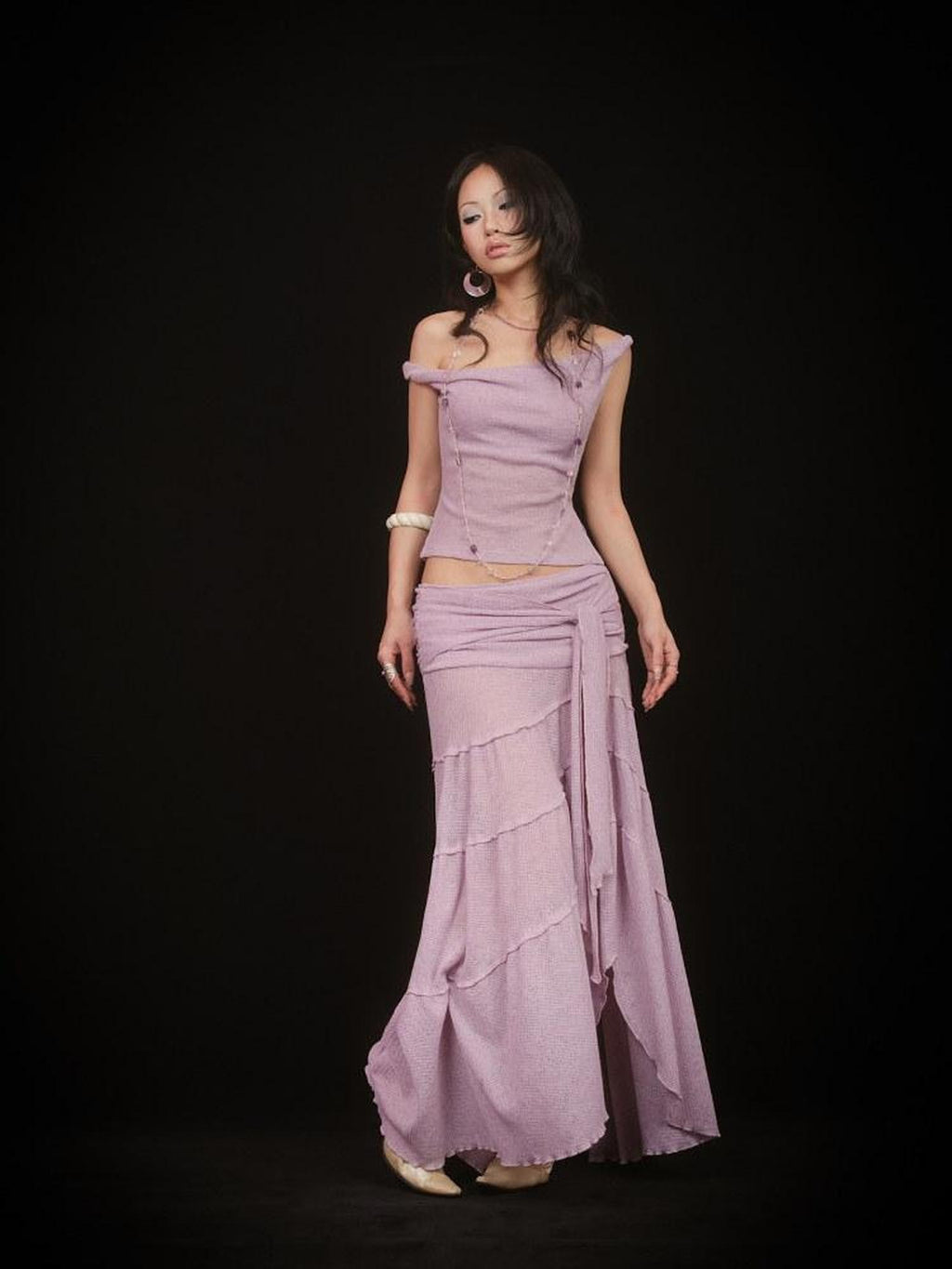 SCCREBEL Pink Purple Hippie Asymmetrical Tiered Women's Matching Skirt Sets
