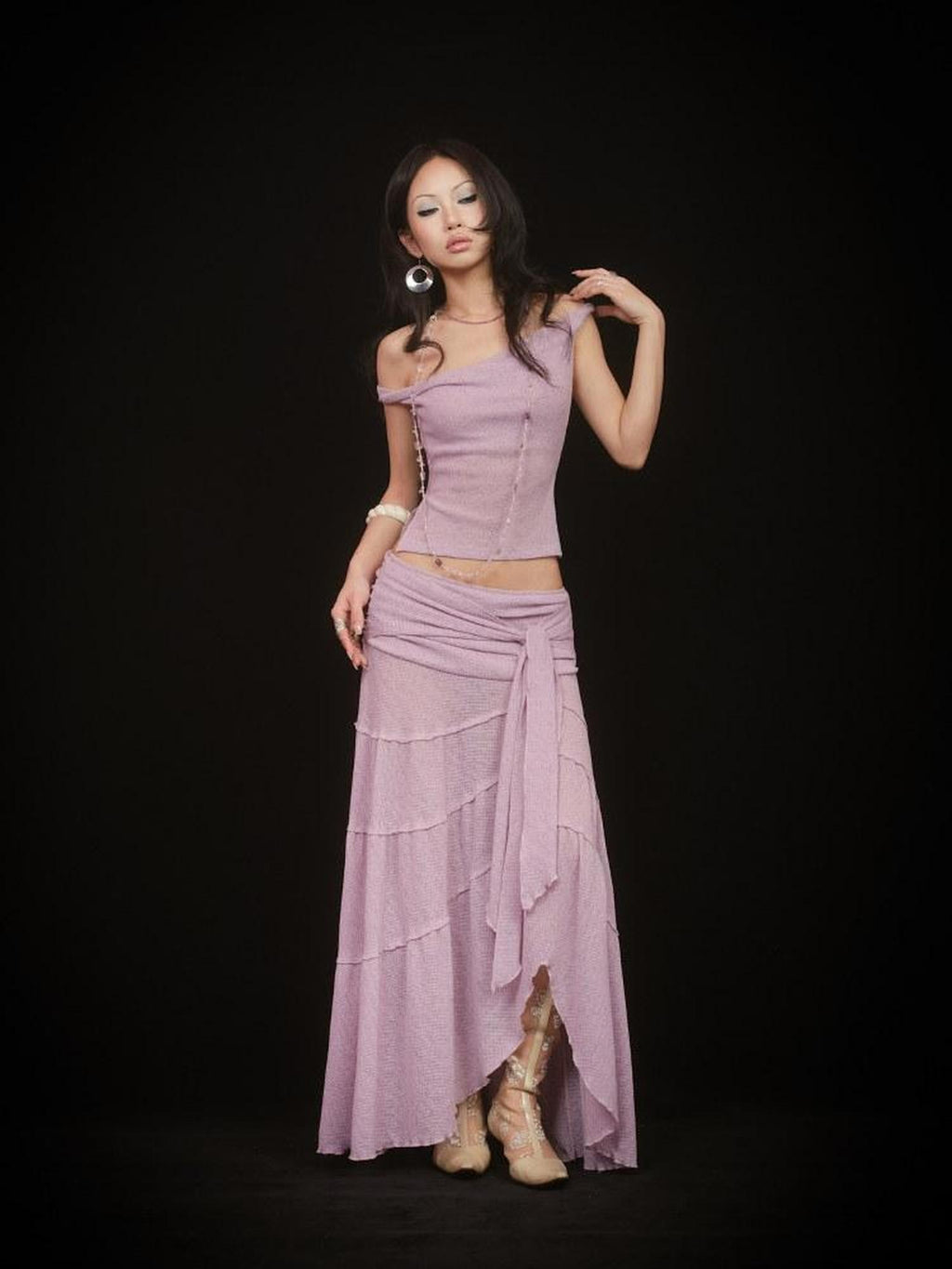 SCCREBEL Pink Purple Hippie Asymmetrical Tiered Women's Matching Skirt Sets
